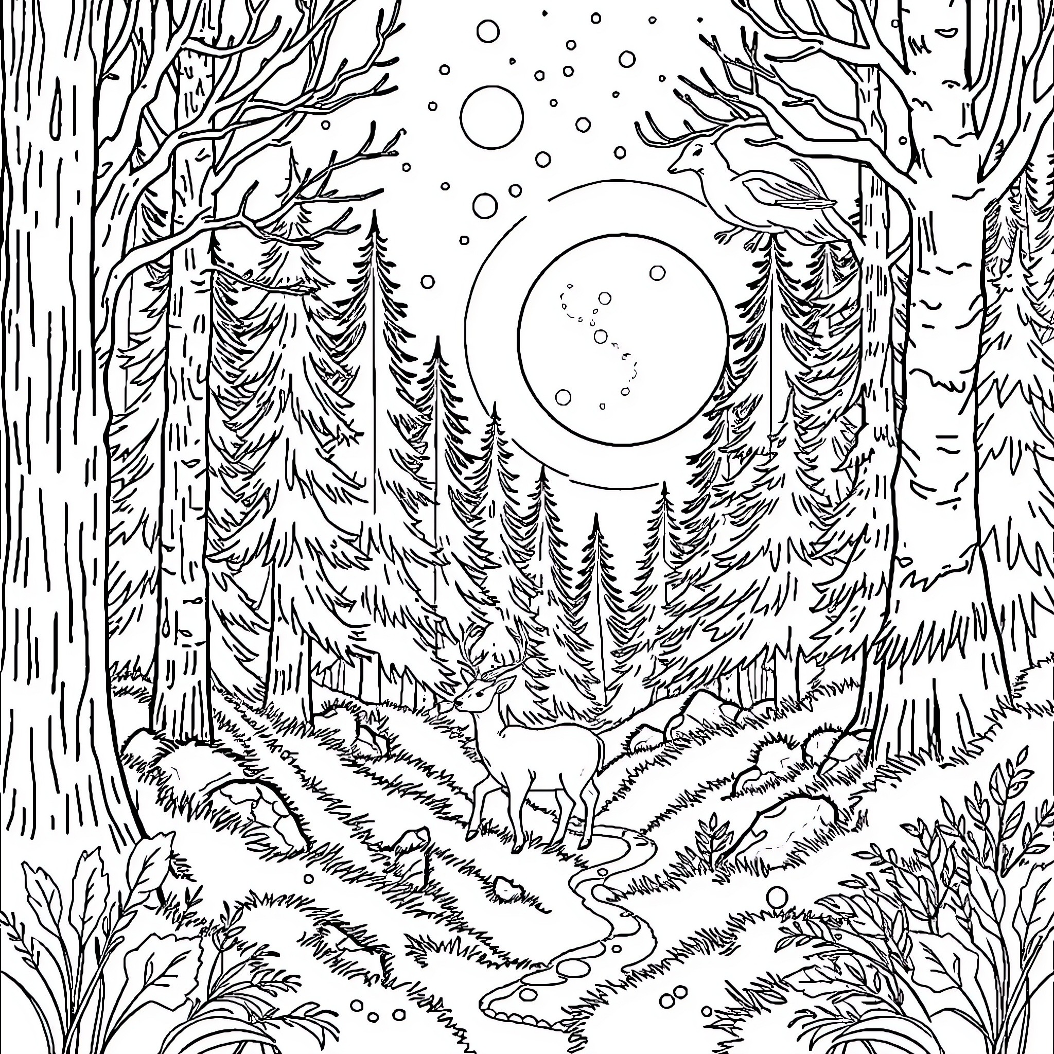 Deer in the Enchanted Winter Forest Coloring Page (free black-and-white line drawing printable PDF for all, from beginners to advanced learners, including children, teens, adults, and seniors)