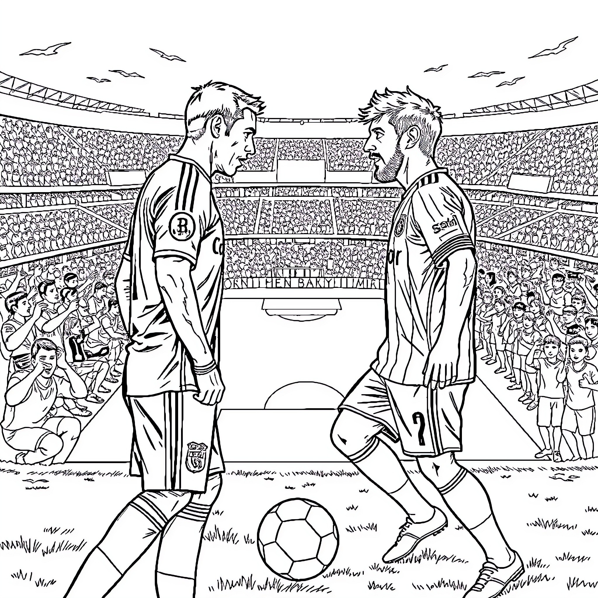 Cristiano Ronaldo and Lionel Messi face off on the football pitch Coloring Page (free black-and-white line drawing printable PDF for all, from beginners to advanced learners, including children, teens, adults, and seniors)