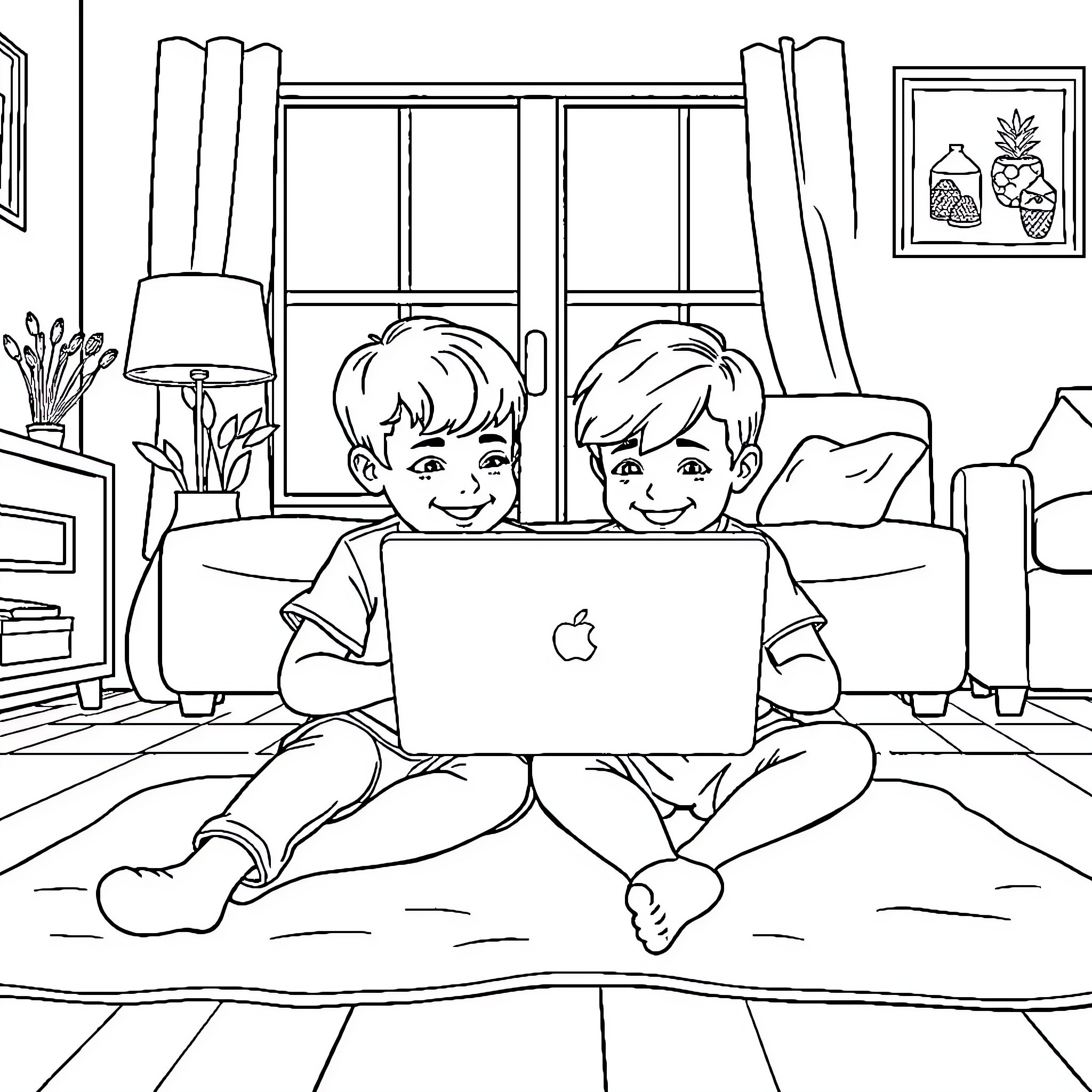 Kids Happily Using Laptop at Home Coloring Page (free black-and-white line drawing printable PDF for all, from beginners to advanced learners, including children, teens, adults, and seniors)