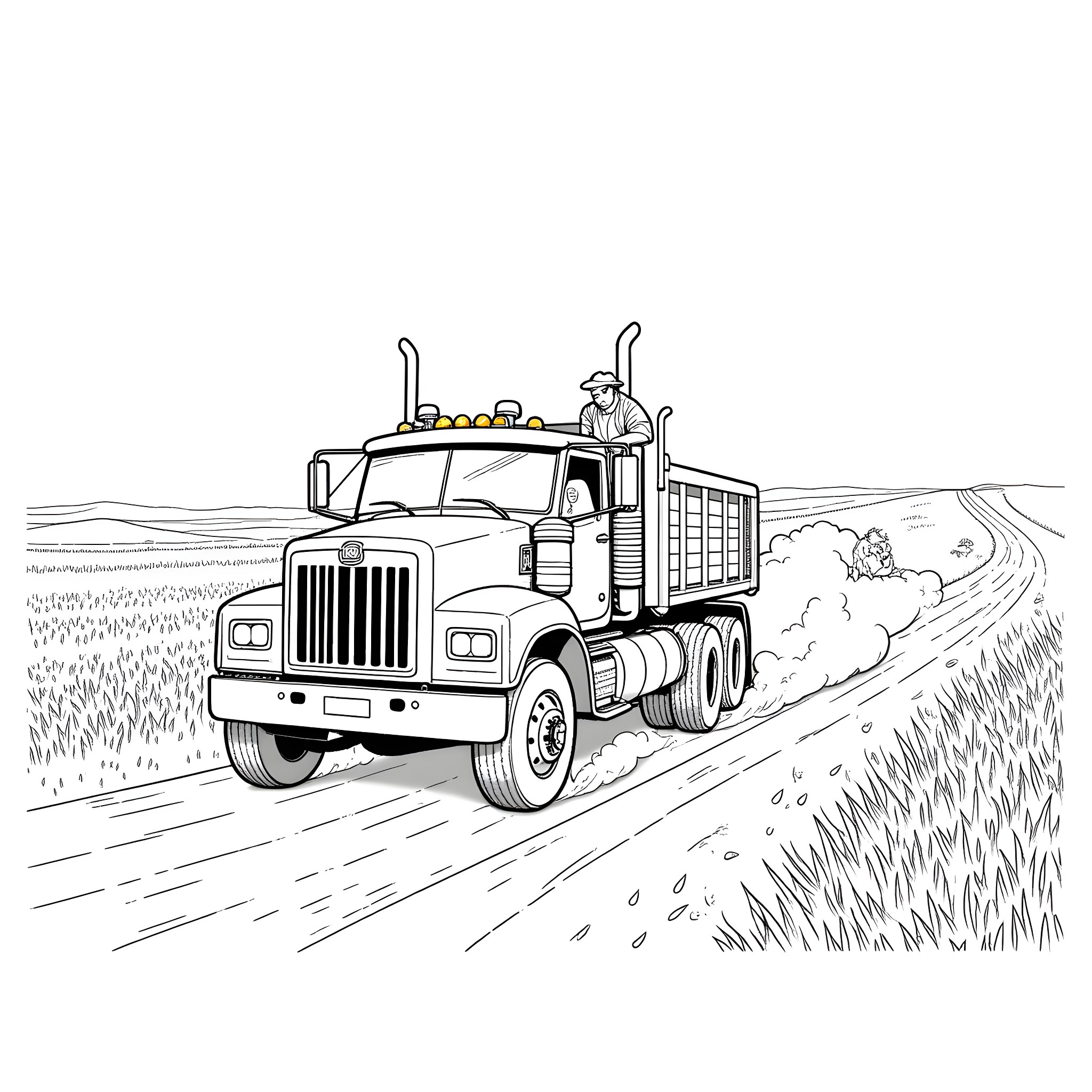 Truck transporting goods along a rural road Coloring Page (free black-and-white line drawing printable PDF for all, from beginners to advanced learners, including children, teens, adults, and seniors)