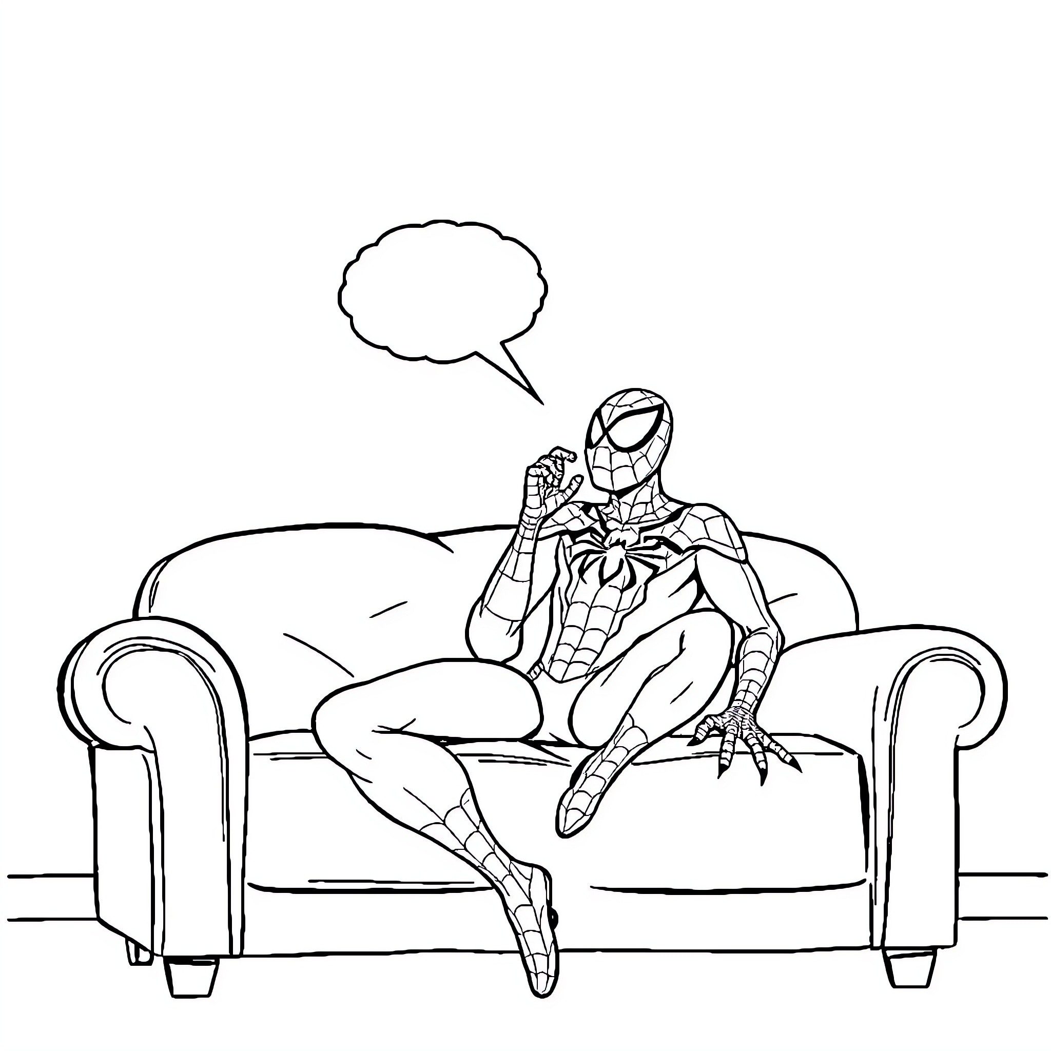 Spiderman relaxing on a sofa with a thought bubble Coloring Page (free black-and-white line drawing printable PDF for all, from beginners to advanced learners, including children, teens, adults, and seniors)