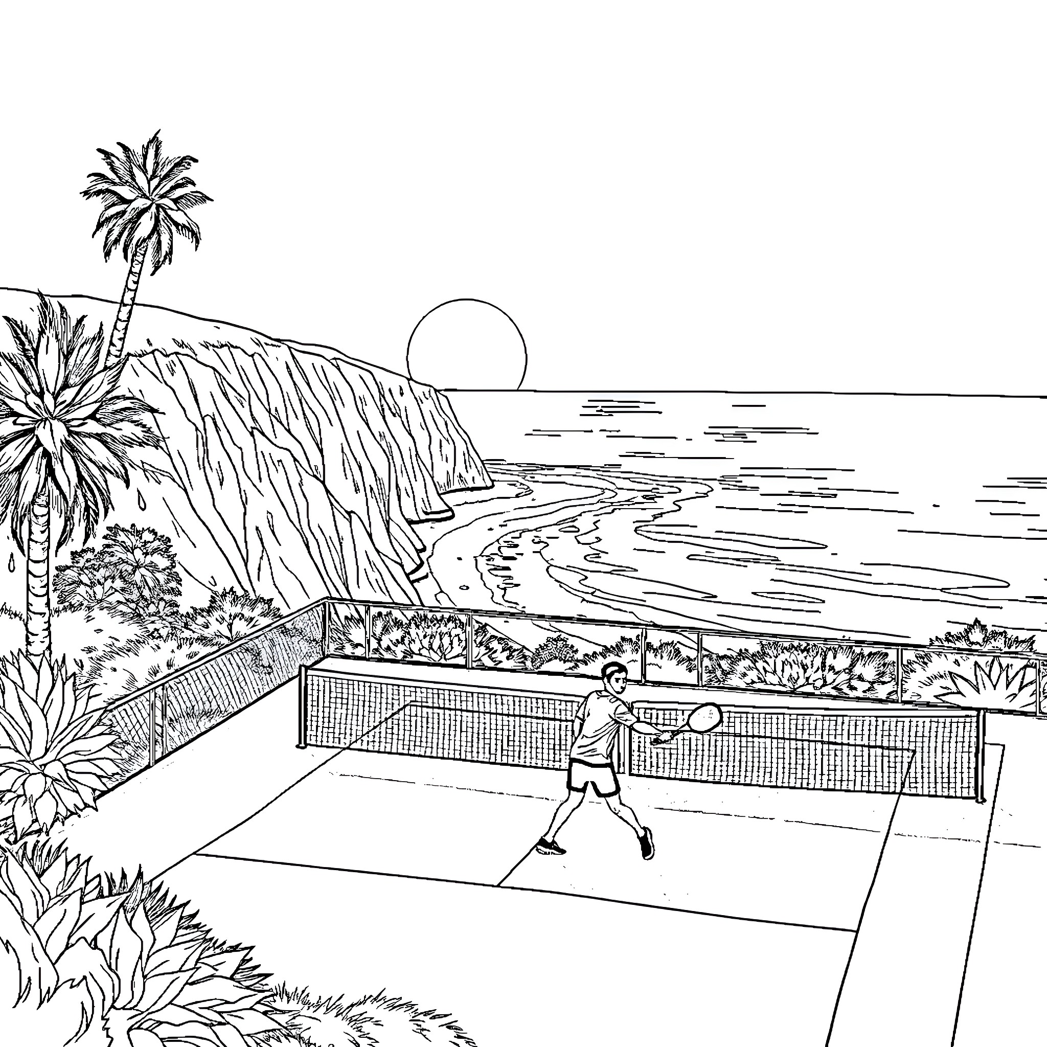 Padel players enjoying the game by the beach Coloring Page (free black-and-white line drawing printable PDF for all, from beginners to advanced learners, including children, teens, adults, and seniors)