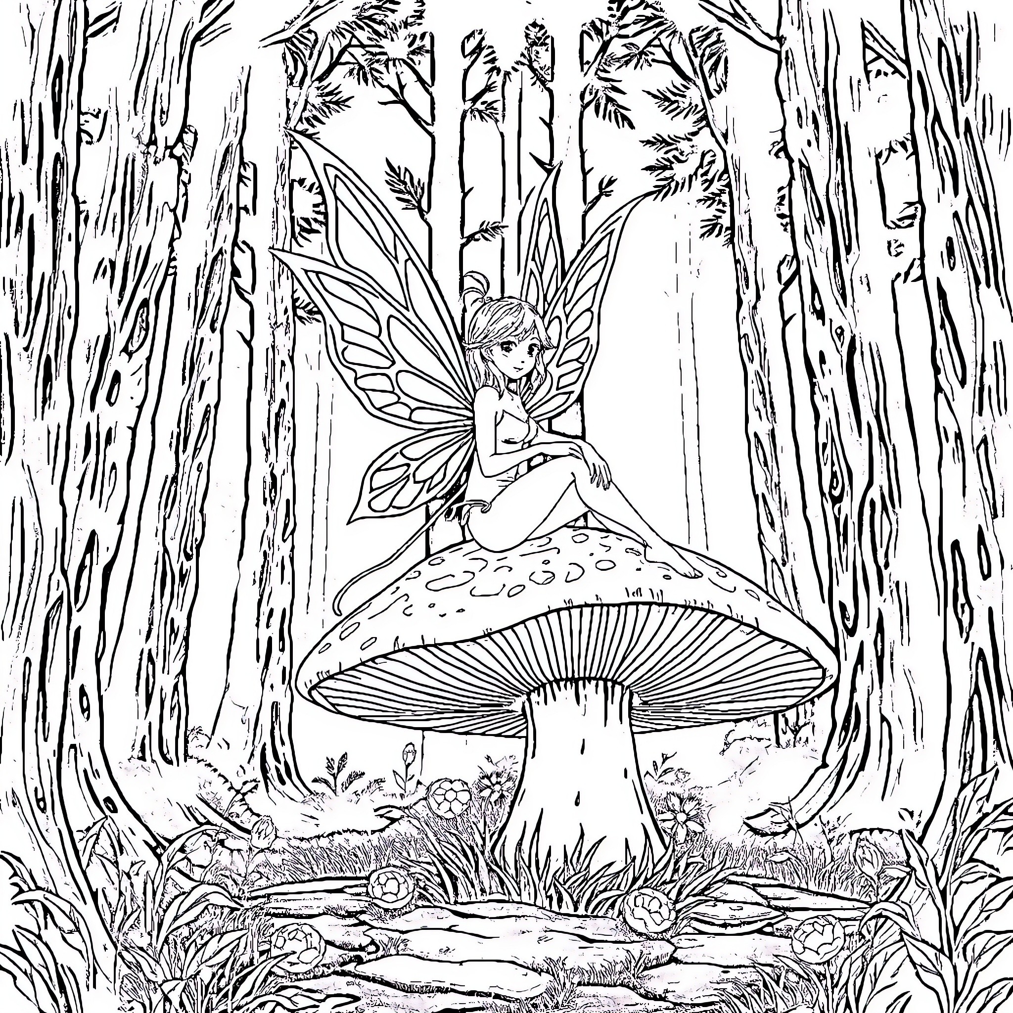 Fairy sitting on a mushroom in a magical forest Coloring Page (free black-and-white line drawing printable PDF for all, from beginners to advanced learners, including children, teens, adults, and seniors)