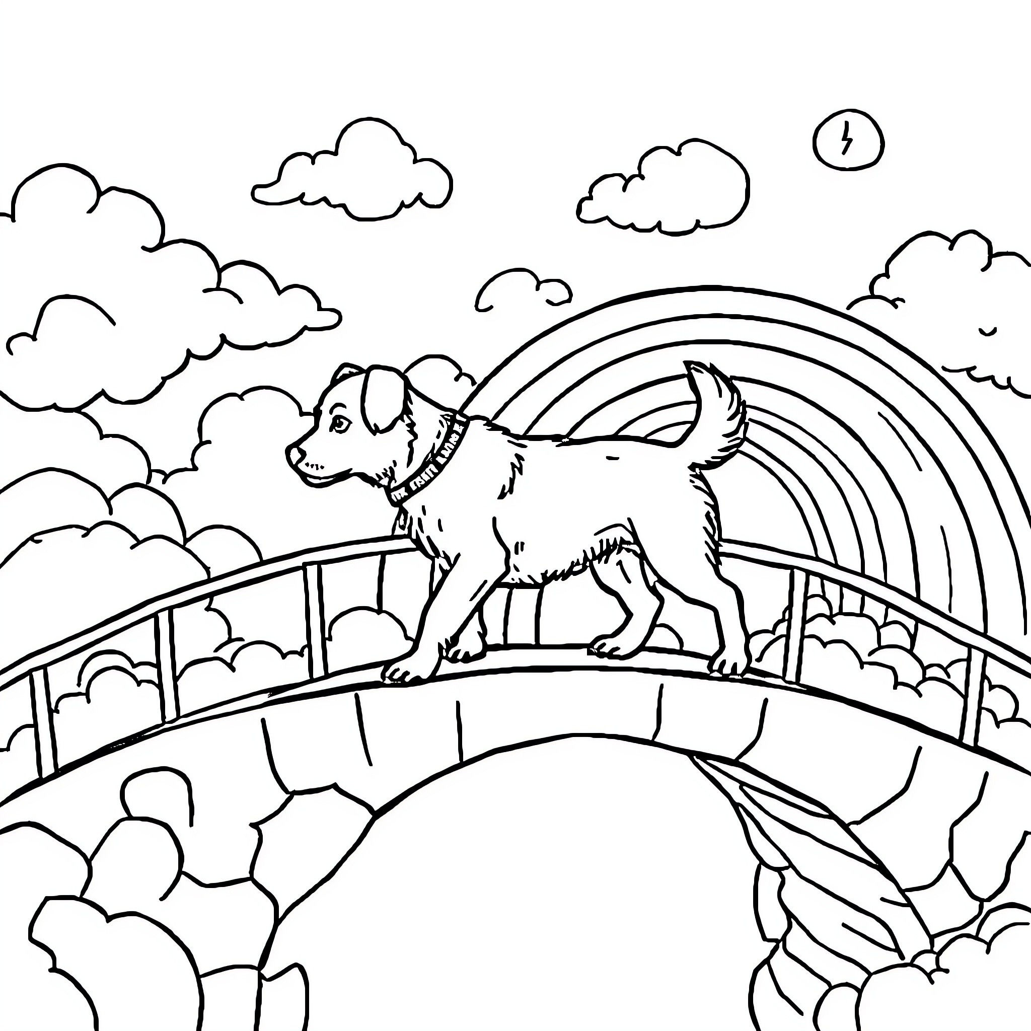 Dog joyfully standing on a bridge with a rainbow Coloring Page (free black-and-white line drawing printable PDF for all, from beginners to advanced learners, including children, teens, adults, and seniors)
