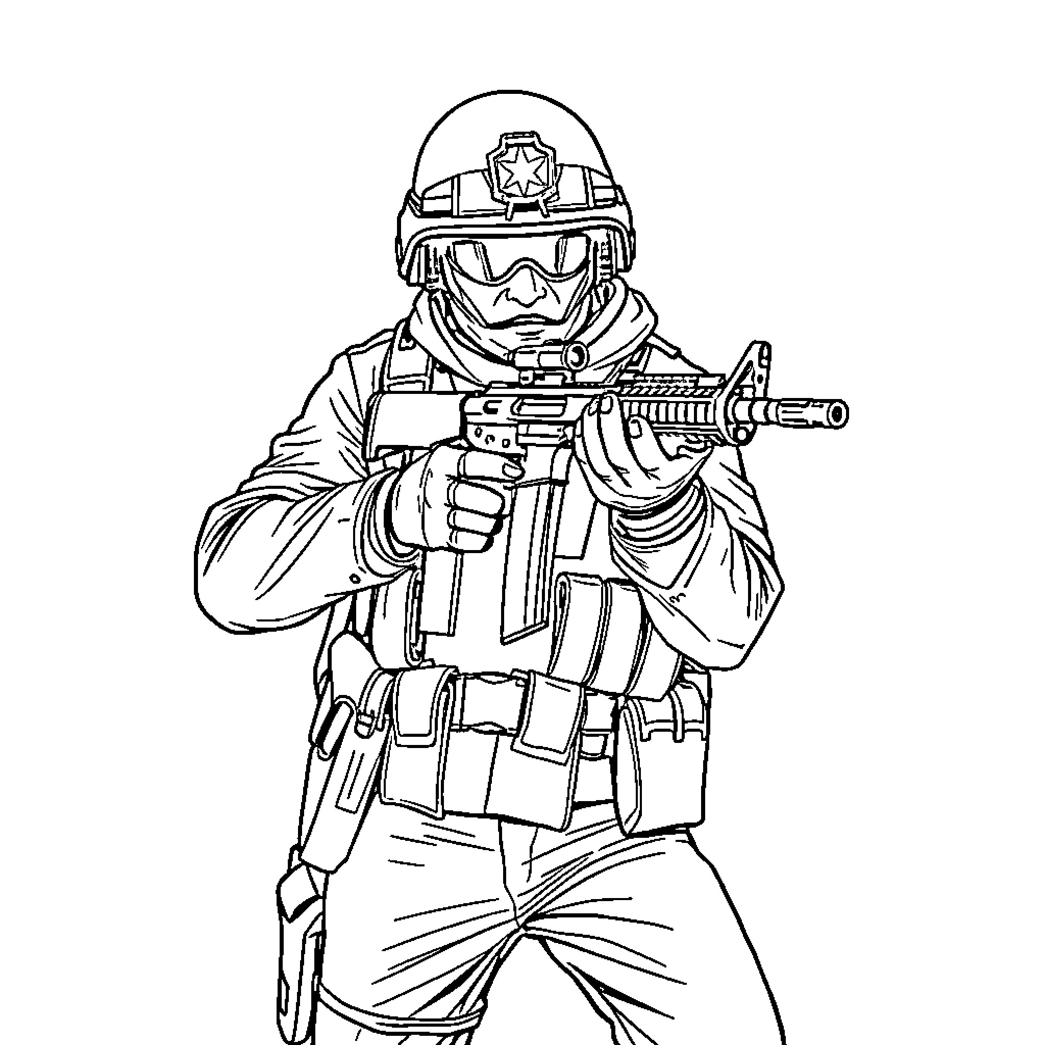 Soldier in combat gear holding weapon Coloring Page (free black-and-white line drawing printable PDF for all, from beginners to advanced learners, including children, teens, adults, and seniors)
