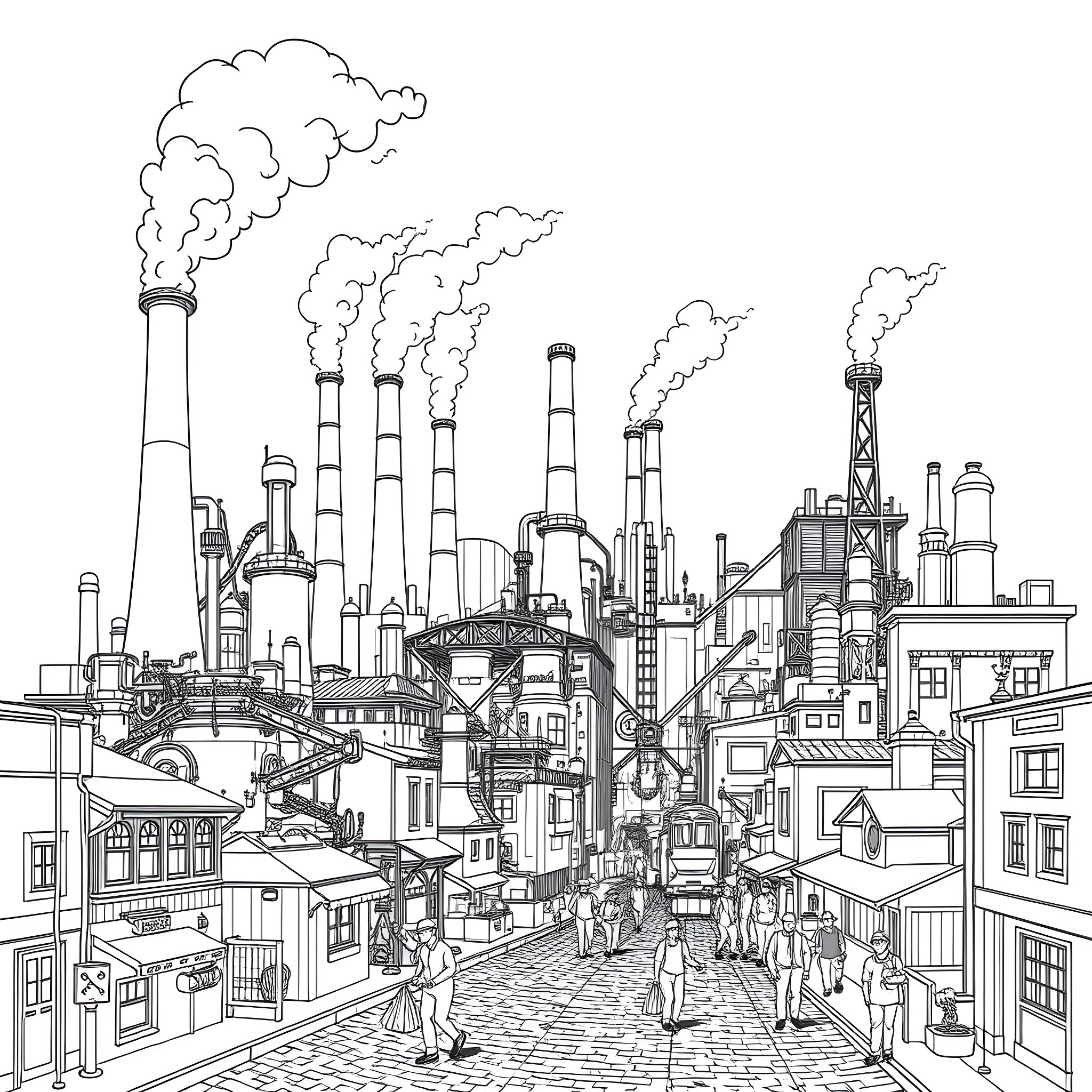 Industrial Revolution Cityscape with Factories and Chimneys Coloring Page (free black-and-white line drawing printable PDF for all, from beginners to advanced learners, including children, teens, adults, and seniors)