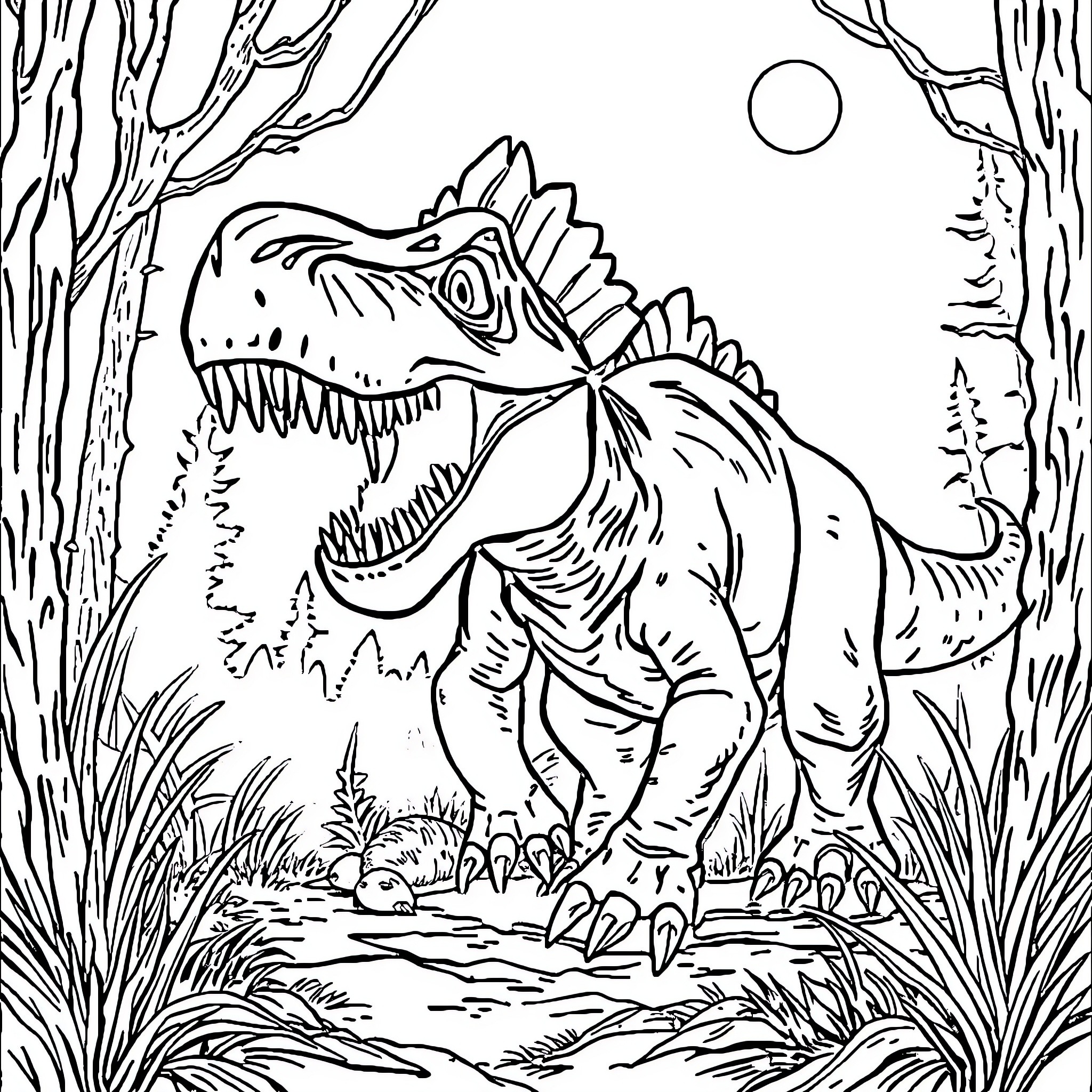 Ceratosaurus hunting in the wilderness Coloring Page (free black-and-white line drawing printable PDF for all, from beginners to advanced learners, including children, teens, adults, and seniors)