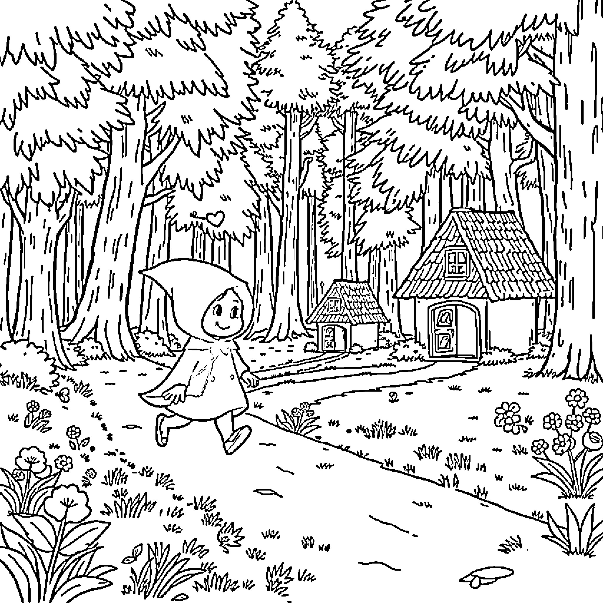 Caperucita en el bosque misterioso Coloring Page (free black-and-white line drawing printable PDF for all, from beginners to advanced learners, including children, teens, adults, and seniors)