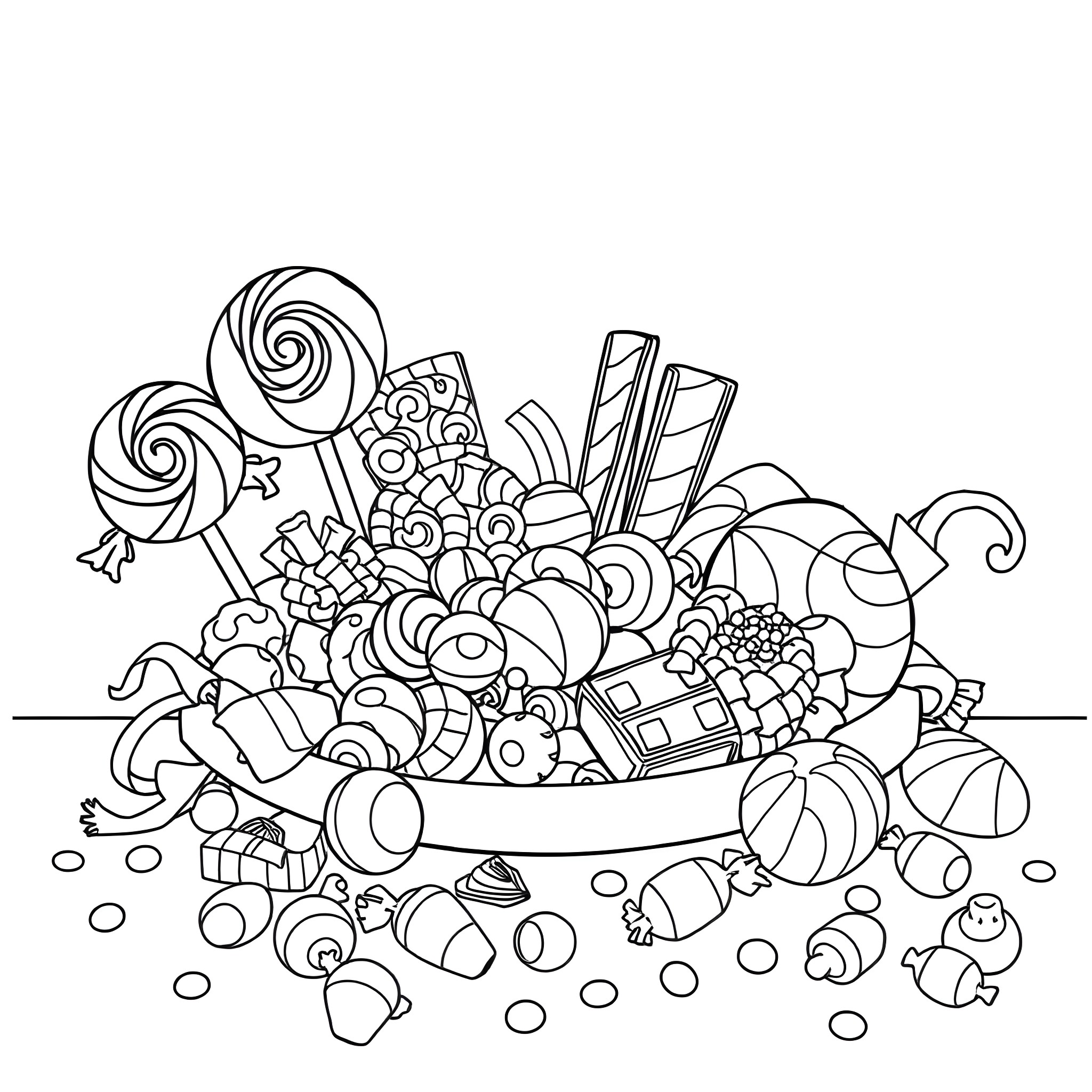 Candy Spilled on the Floor Coloring Page (free black-and-white line drawing printable PDF for all, from beginners to advanced learners, including children, teens, adults, and seniors)