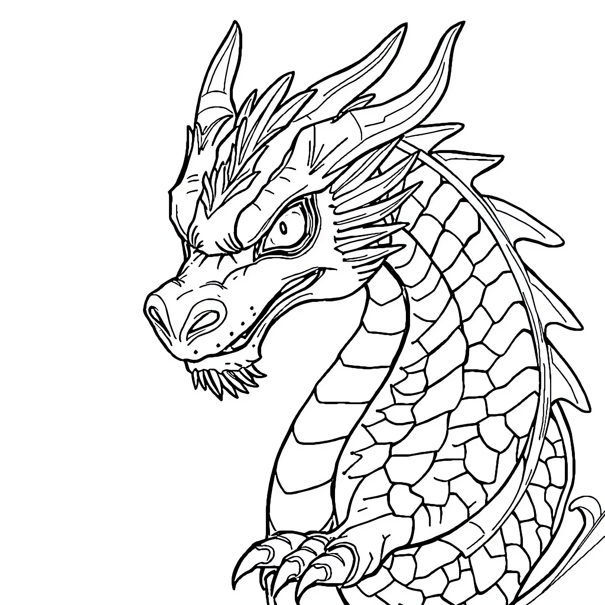 Dragon with fierce expression and scaly body Coloring Page (free black-and-white line drawing printable PDF for all, from beginners to advanced learners, including children, teens, adults, and seniors)