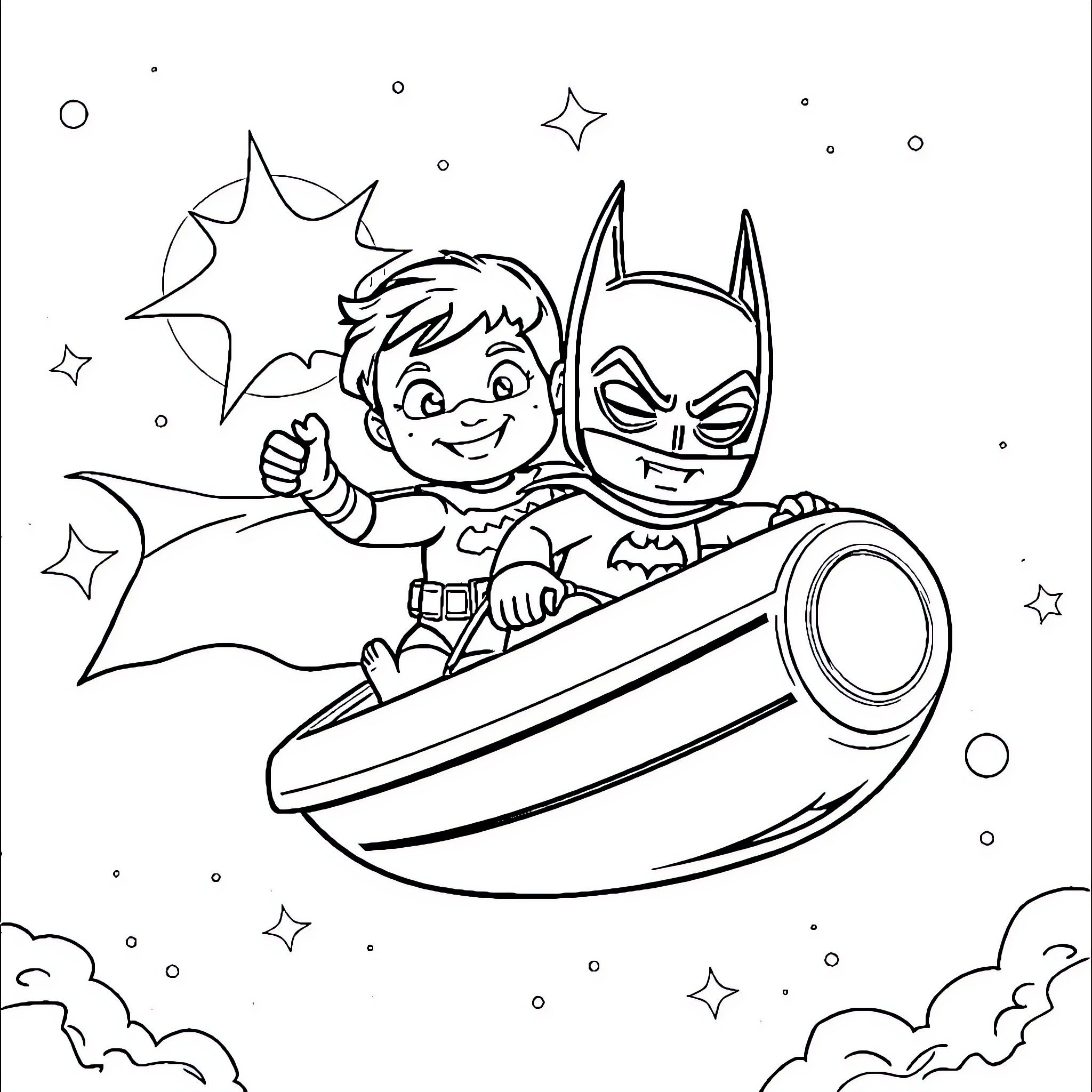 Daffy Duck and Batman riding in a spaceship Coloring Page (free black-and-white line drawing printable PDF for all, from beginners to advanced learners, including children, teens, adults, and seniors)
