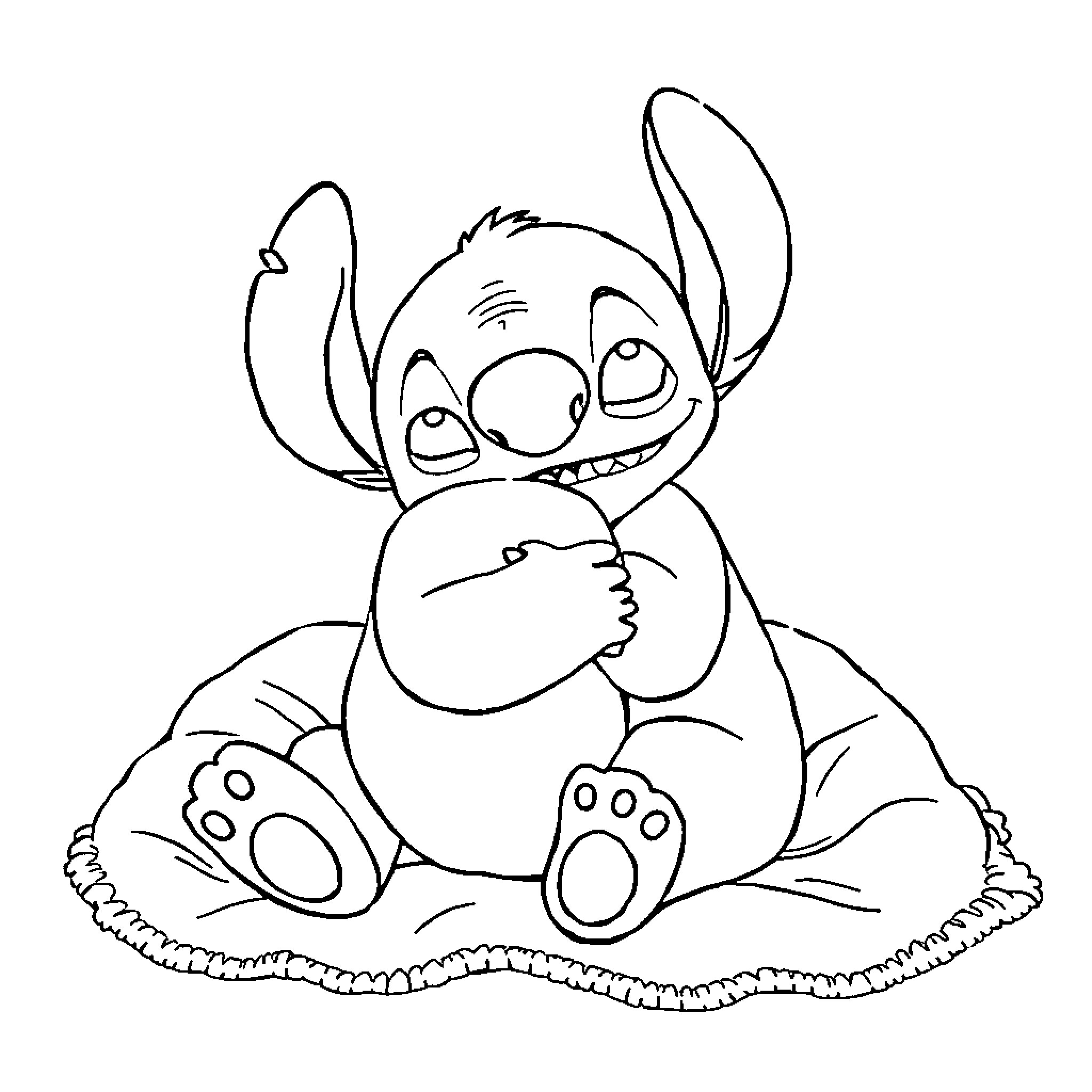 Stitch sitting happily with ears up Coloring Page (free black-and-white line drawing printable PDF for all, from beginners to advanced learners, including children, teens, adults, and seniors)