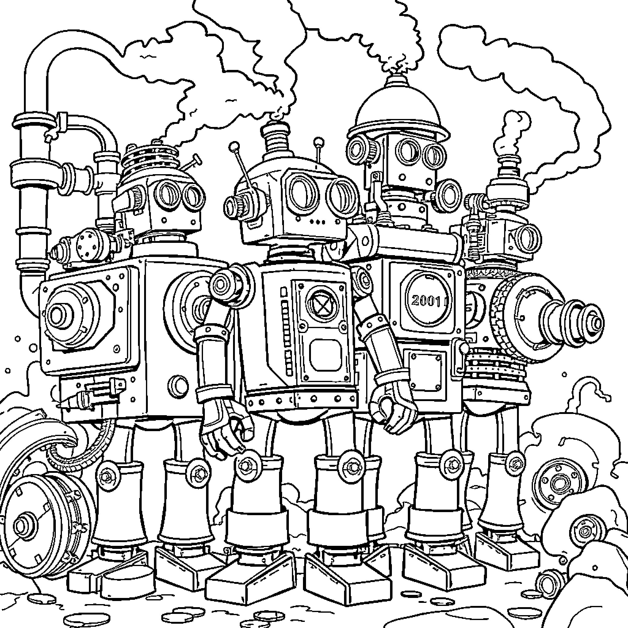 Steampunk Robot Contraption with Mechanical Wonders Coloring Page (free black-and-white line drawing printable PDF for all, from beginners to advanced learners, including children, teens, adults, and seniors)
