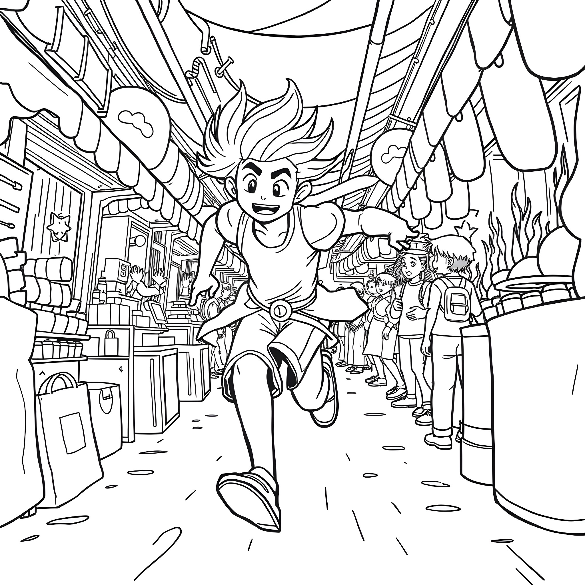 Okarun's Exciting Adventure in the City Coloring Page (free black-and-white line drawing printable PDF for all, from beginners to advanced learners, including children, teens, adults, and seniors)