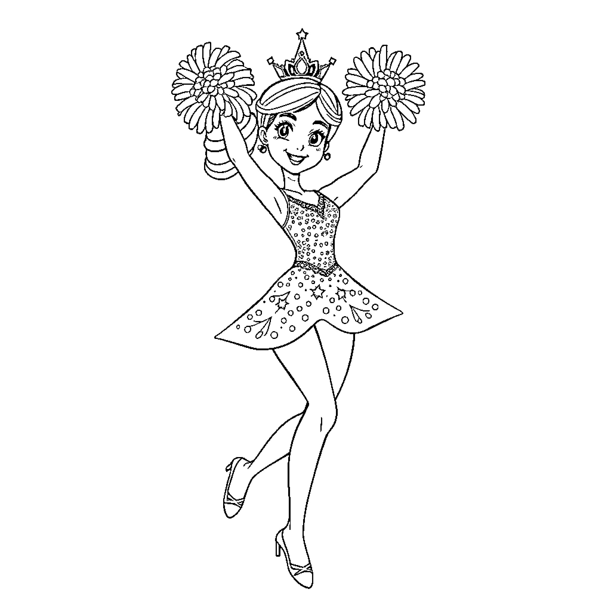 Princess Cheerfully Dancing with Flowers Coloring Page (free black-and-white line drawing printable PDF for all, from beginners to advanced learners, including children, teens, adults, and seniors)