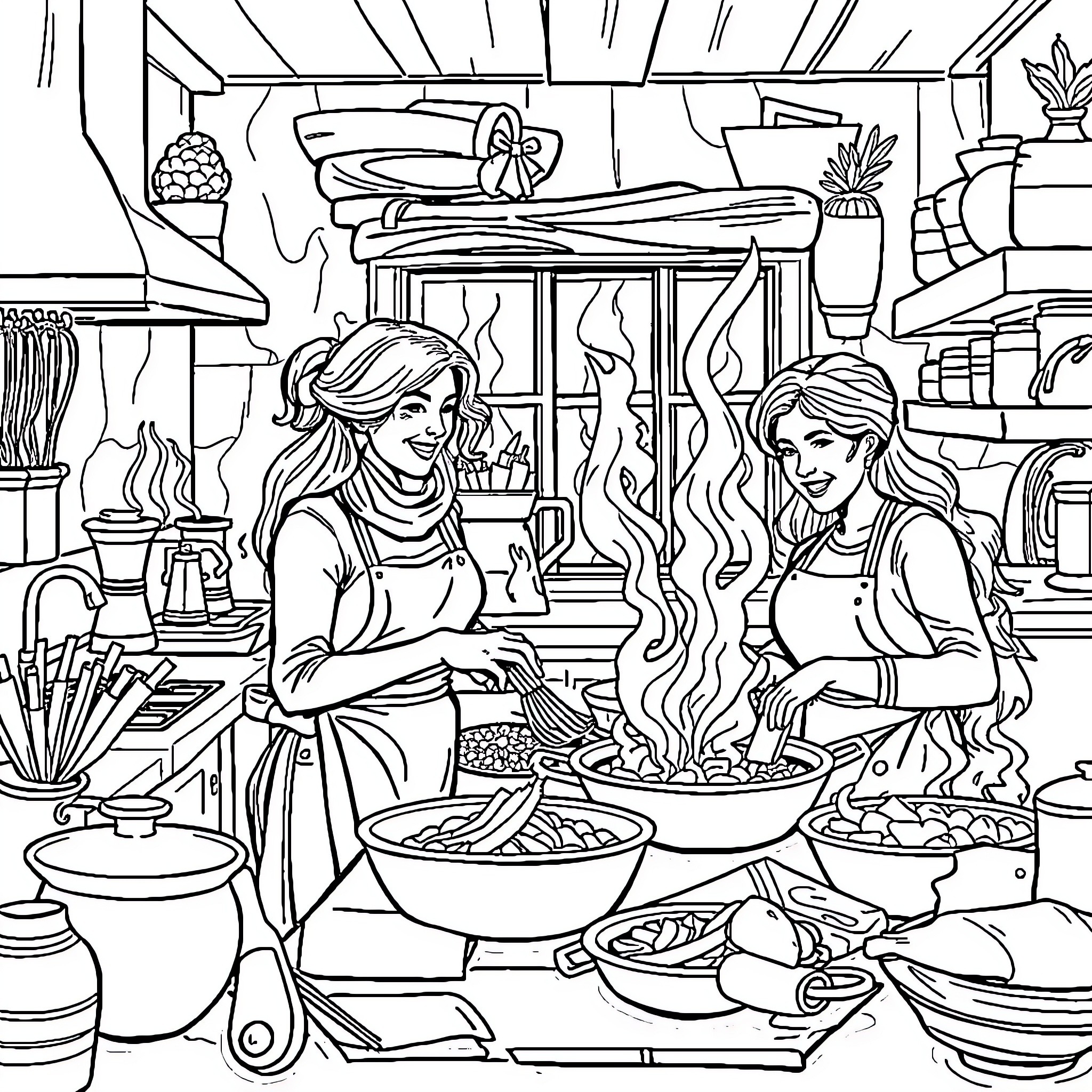 Women cooking and preparing food in a cozy kitchen Coloring Page (free black-and-white line drawing printable PDF for all, from beginners to advanced learners, including children, teens, adults, and seniors)
