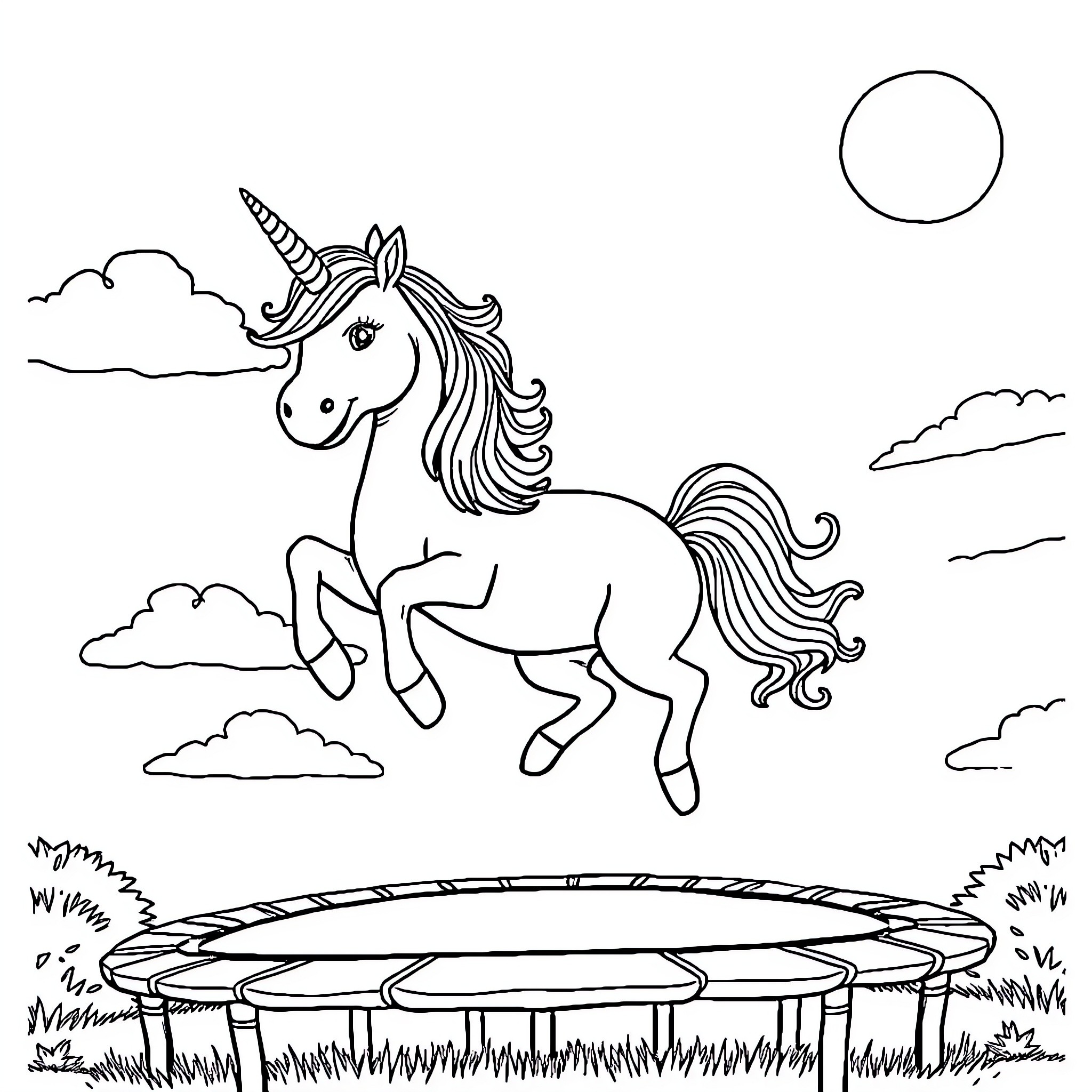 Unicorn prancing gracefully in the clouds Coloring Page (free black-and-white line drawing printable PDF for all, from beginners to advanced learners, including children, teens, adults, and seniors)