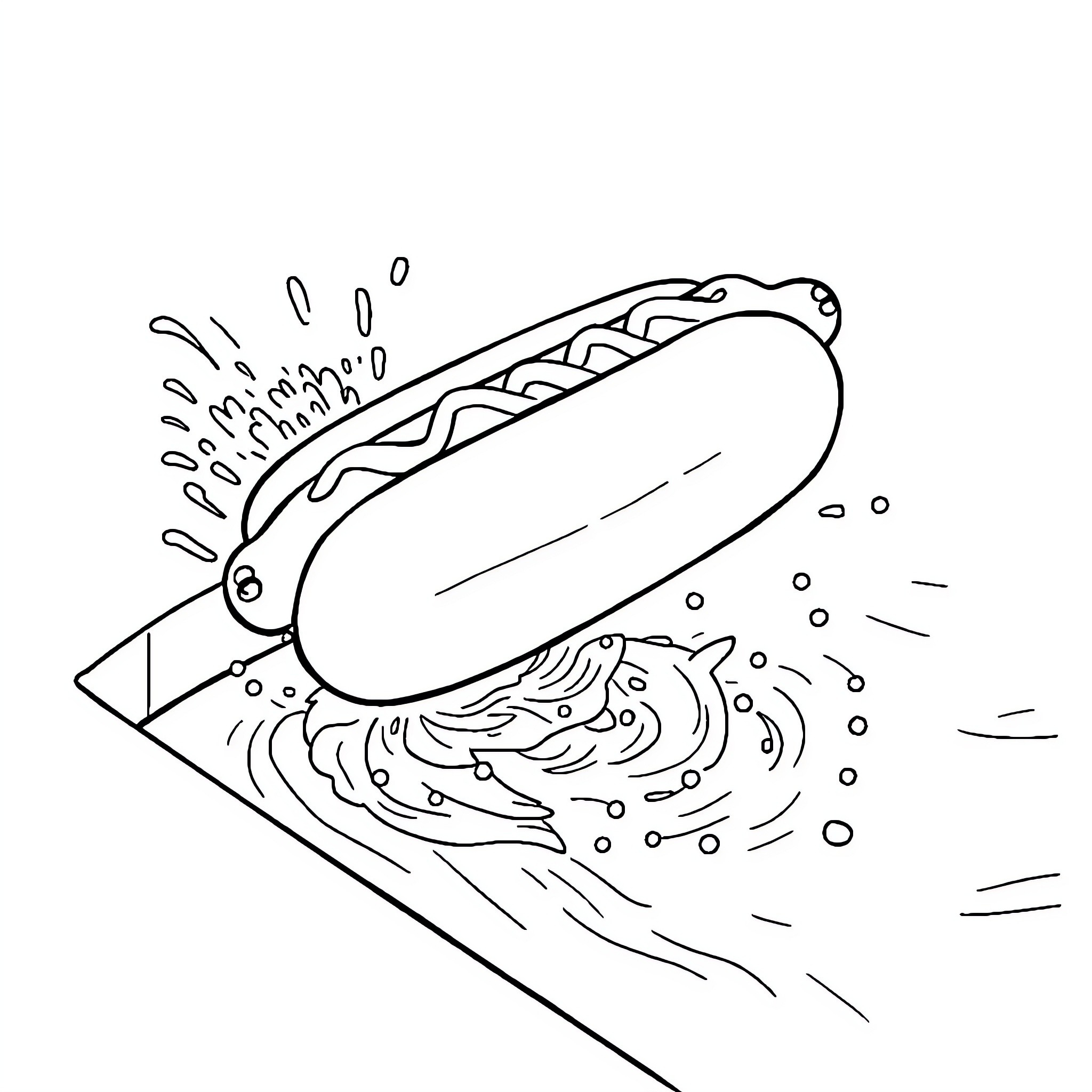 Hotdog splashing in the waves Coloring Page (free black-and-white line drawing printable PDF for all, from beginners to advanced learners, including children, teens, adults, and seniors)
