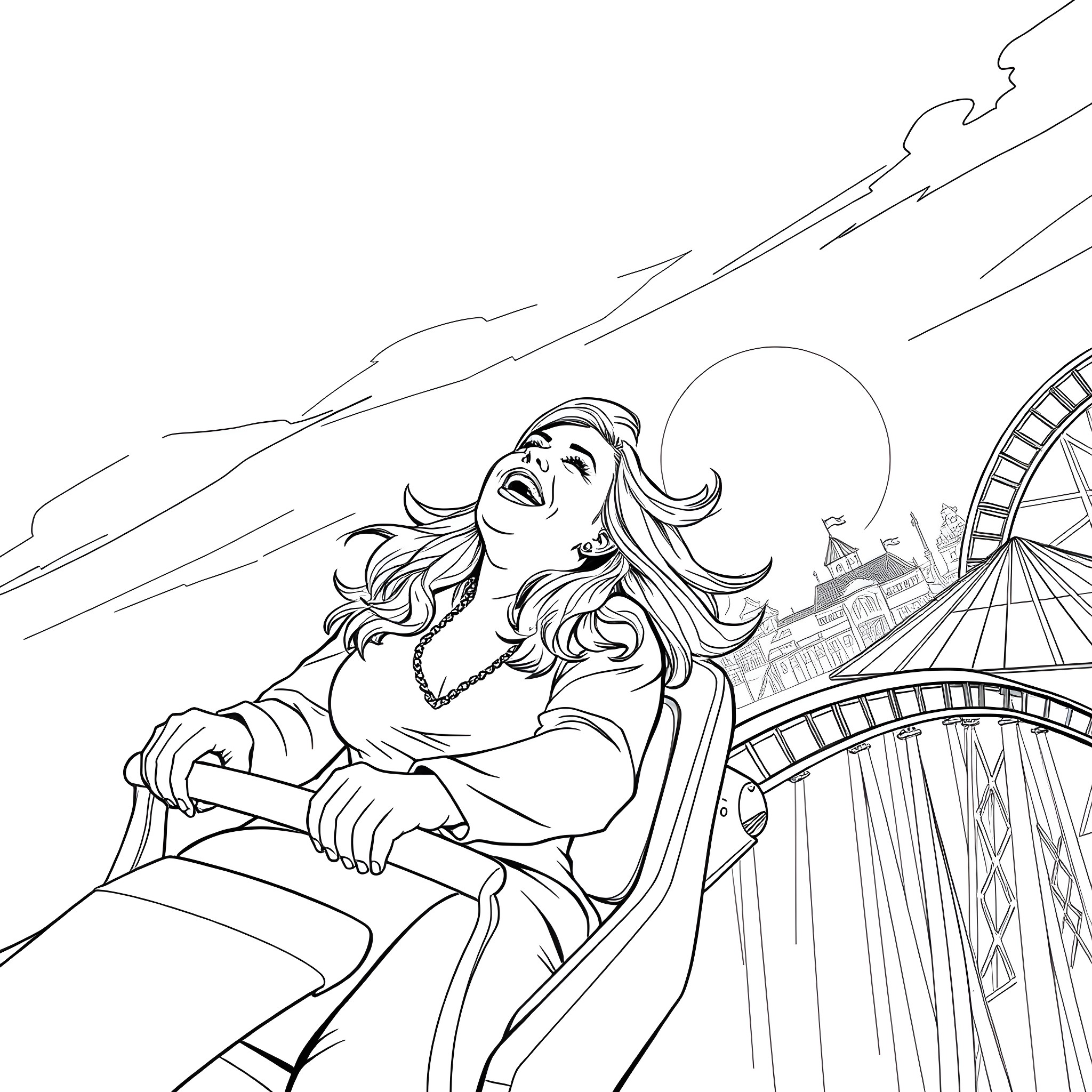 Kelly Clarkson enjoying a thrilling amusement park ride Coloring Page (free black-and-white line drawing printable PDF for all, from beginners to advanced learners, including children, teens, adults, and seniors)