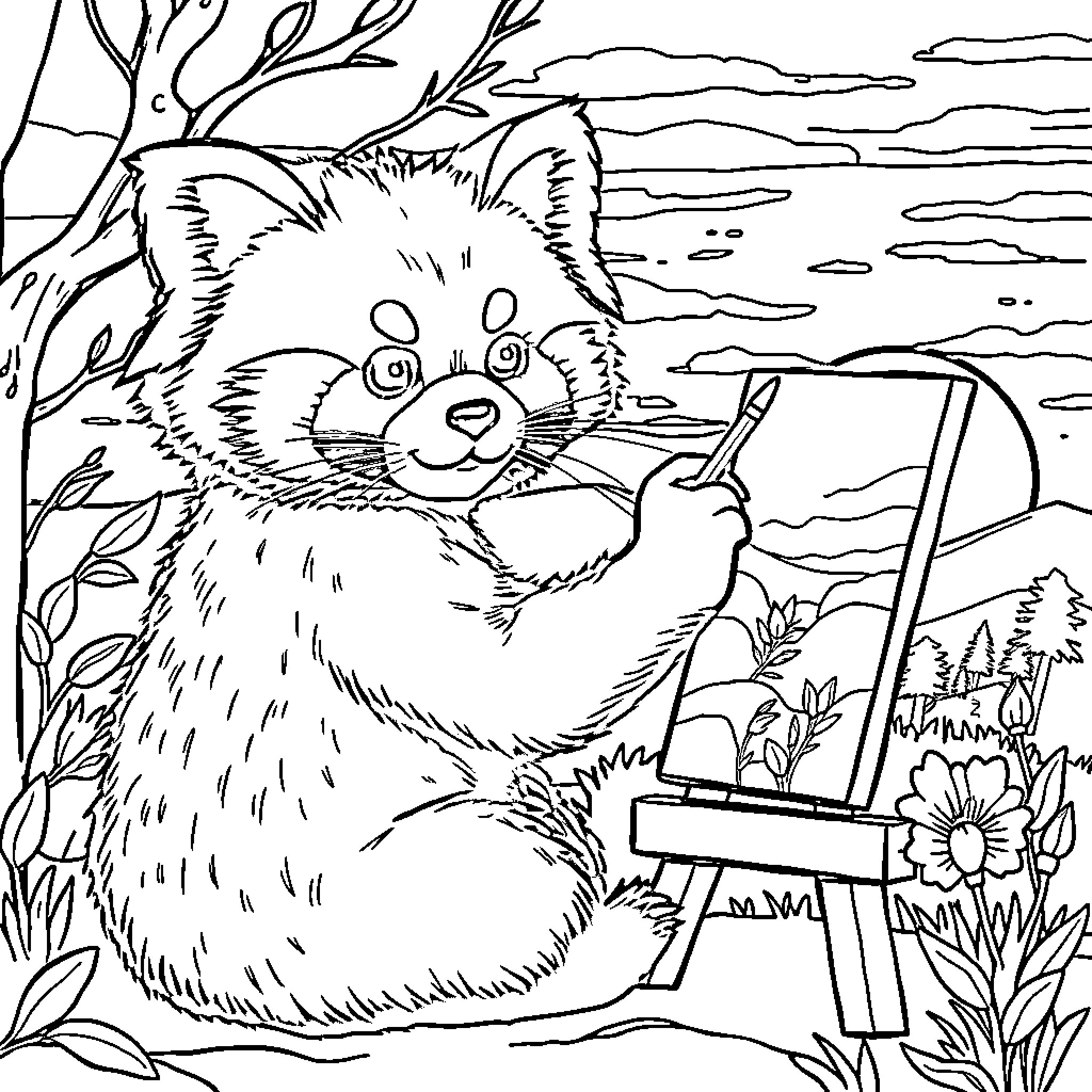 Red Panda Painting a Scenic Landscape Coloring Page (free black-and-white line drawing printable PDF for all, from beginners to advanced learners, including children, teens, adults, and seniors)