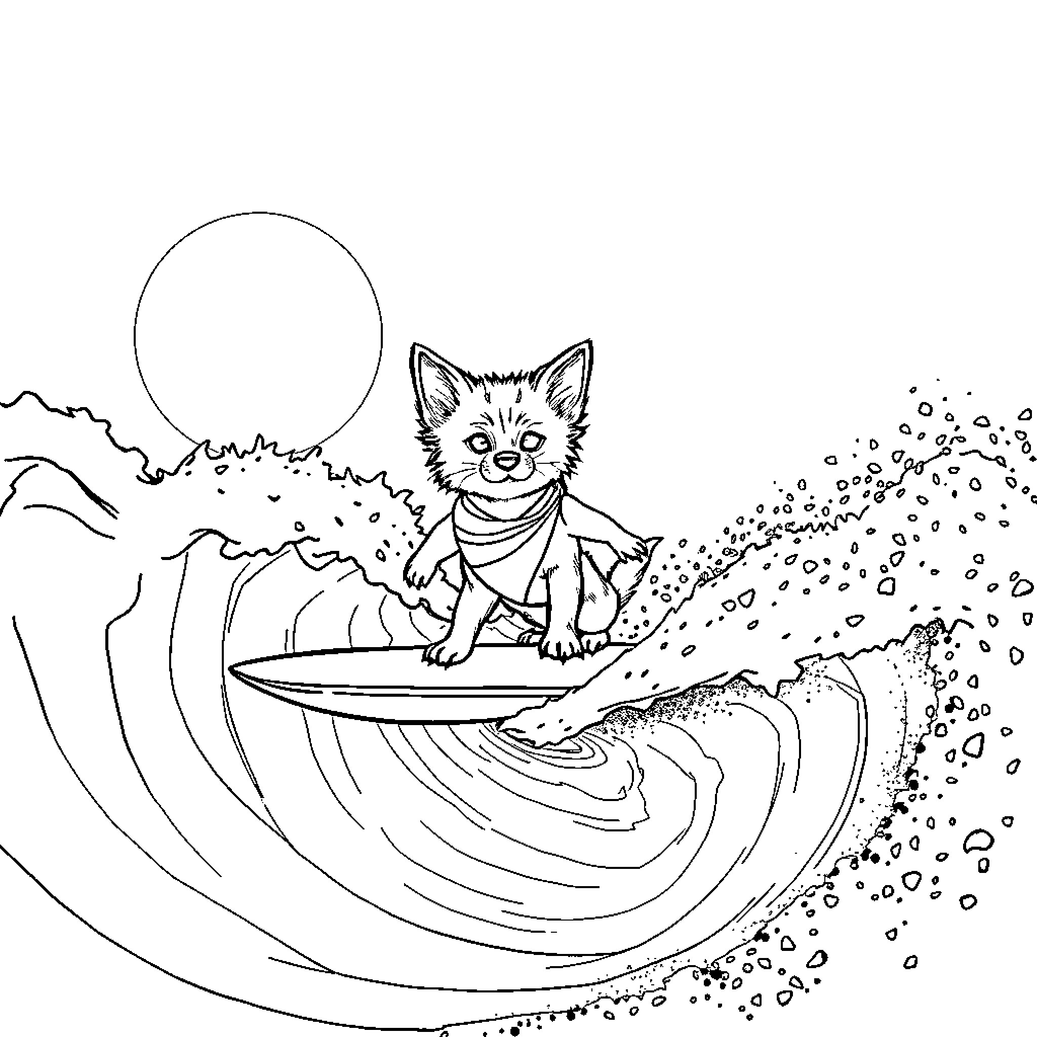 Piolin surfing on a colorful wave Coloring Page (free black-and-white line drawing printable PDF for all, from beginners to advanced learners, including children, teens, adults, and seniors)