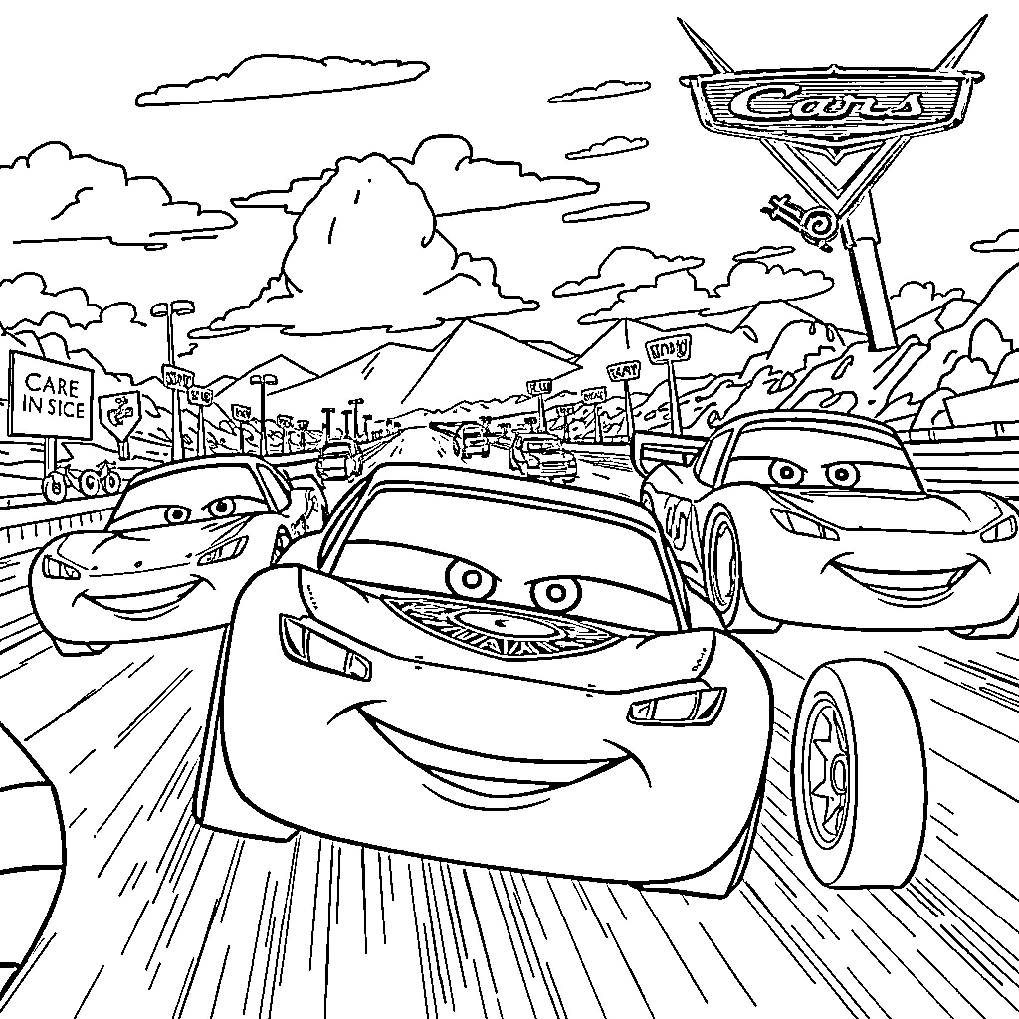 Cars racing on the road in town Coloring Page (free black-and-white line drawing printable PDF for all, from beginners to advanced learners, including children, teens, adults, and seniors)