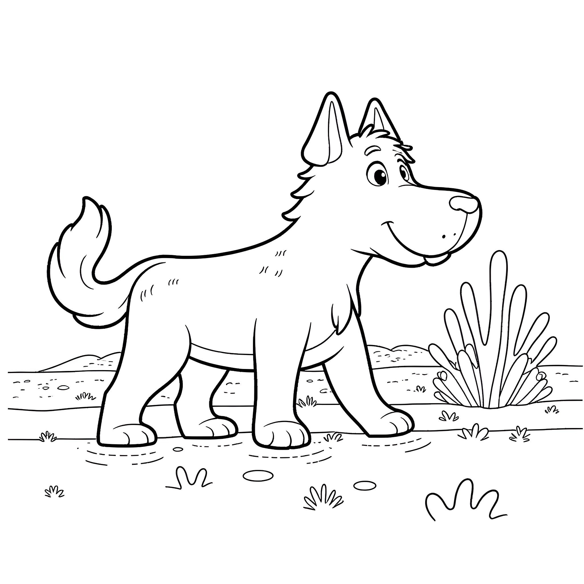 Dandy Dog Exploring the Outdoors Coloring Page (free black-and-white line drawing printable PDF for all, from beginners to advanced learners, including children, teens, adults, and seniors)