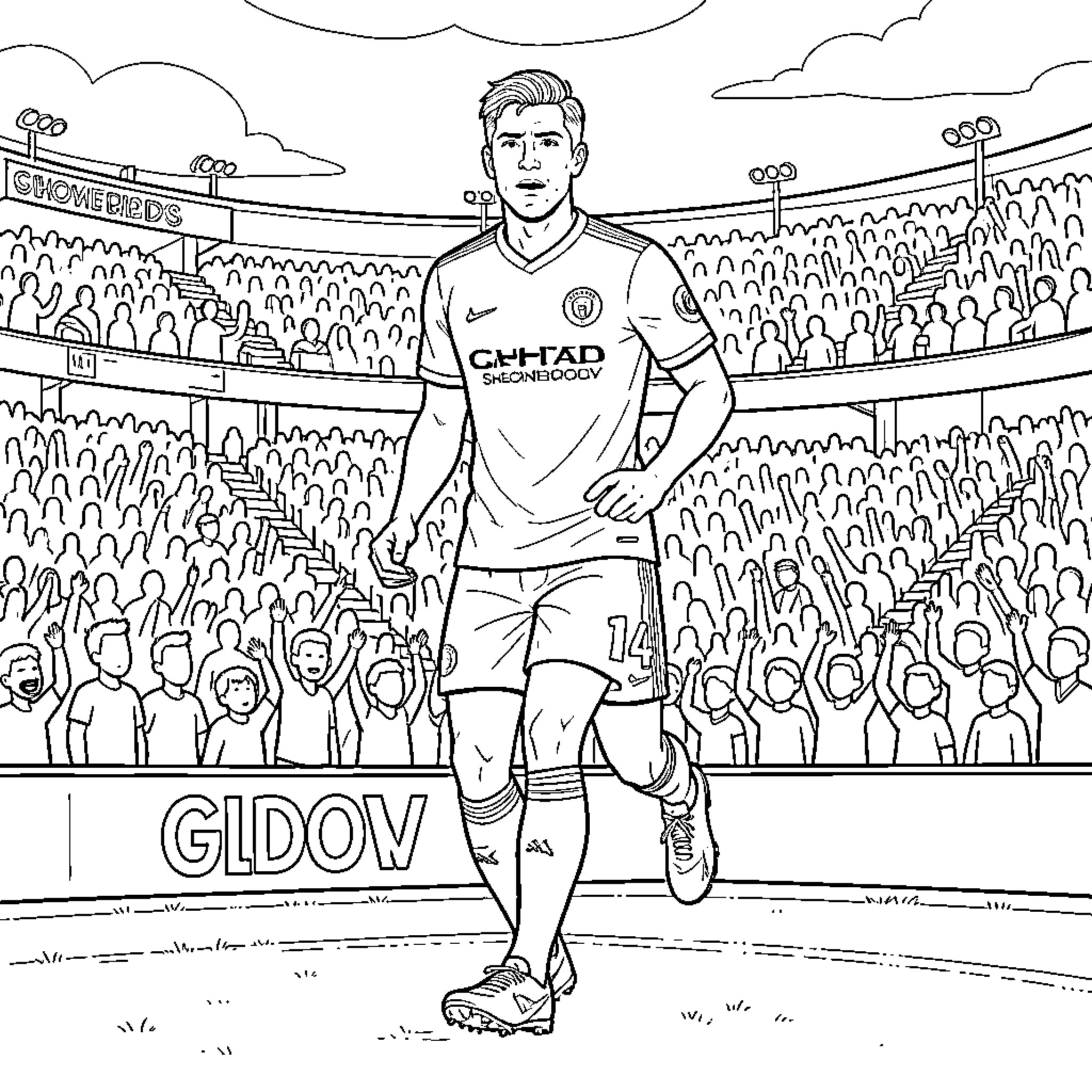 Eldor Shomurodov running on a soccer field during a match Coloring Page (free black-and-white line drawing printable PDF for all, from beginners to advanced learners, including children, teens, adults, and seniors)