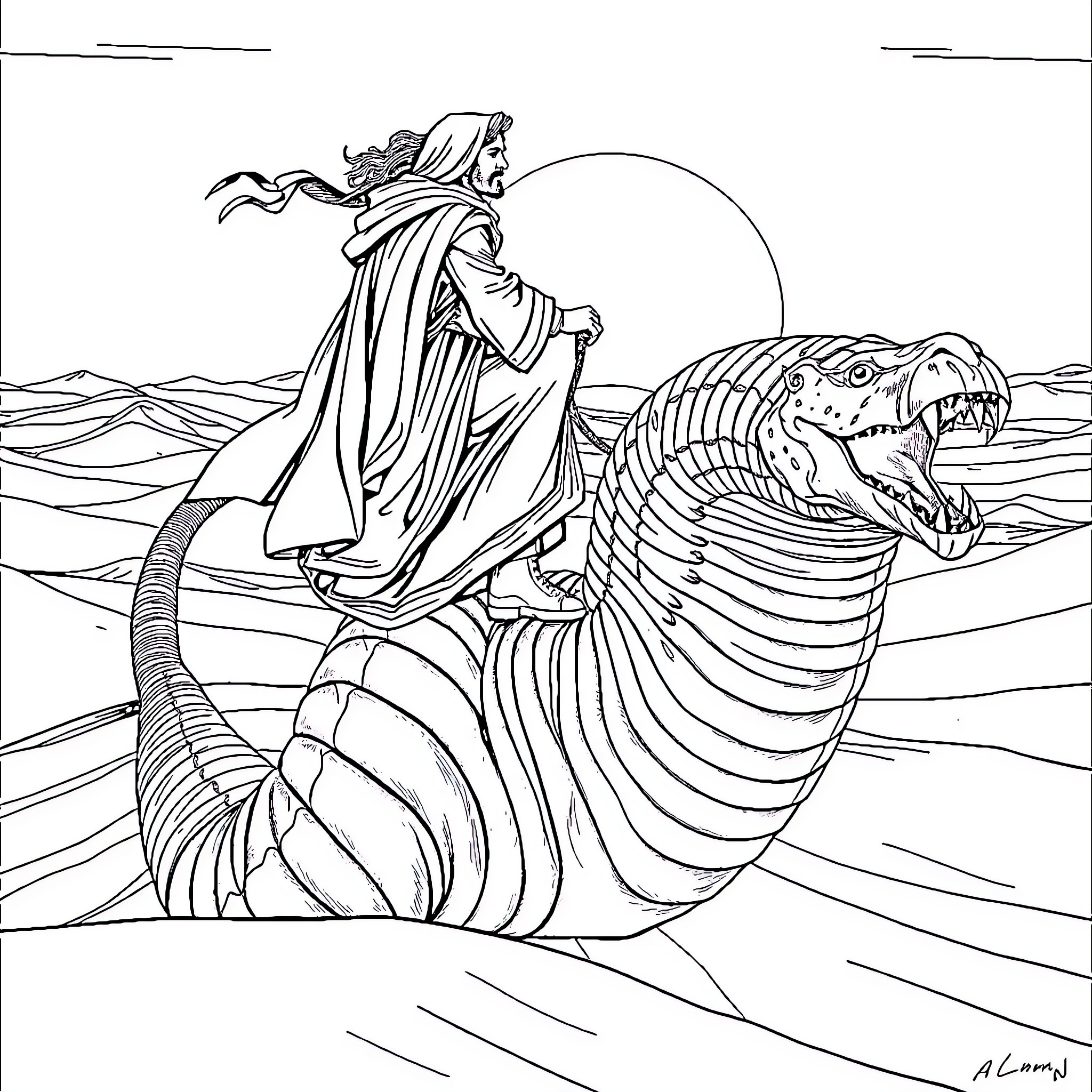 Paul Atreides riding a fearsome sandworm in the desert Coloring Page (free black-and-white line drawing printable PDF for all, from beginners to advanced learners, including children, teens, adults, and seniors)