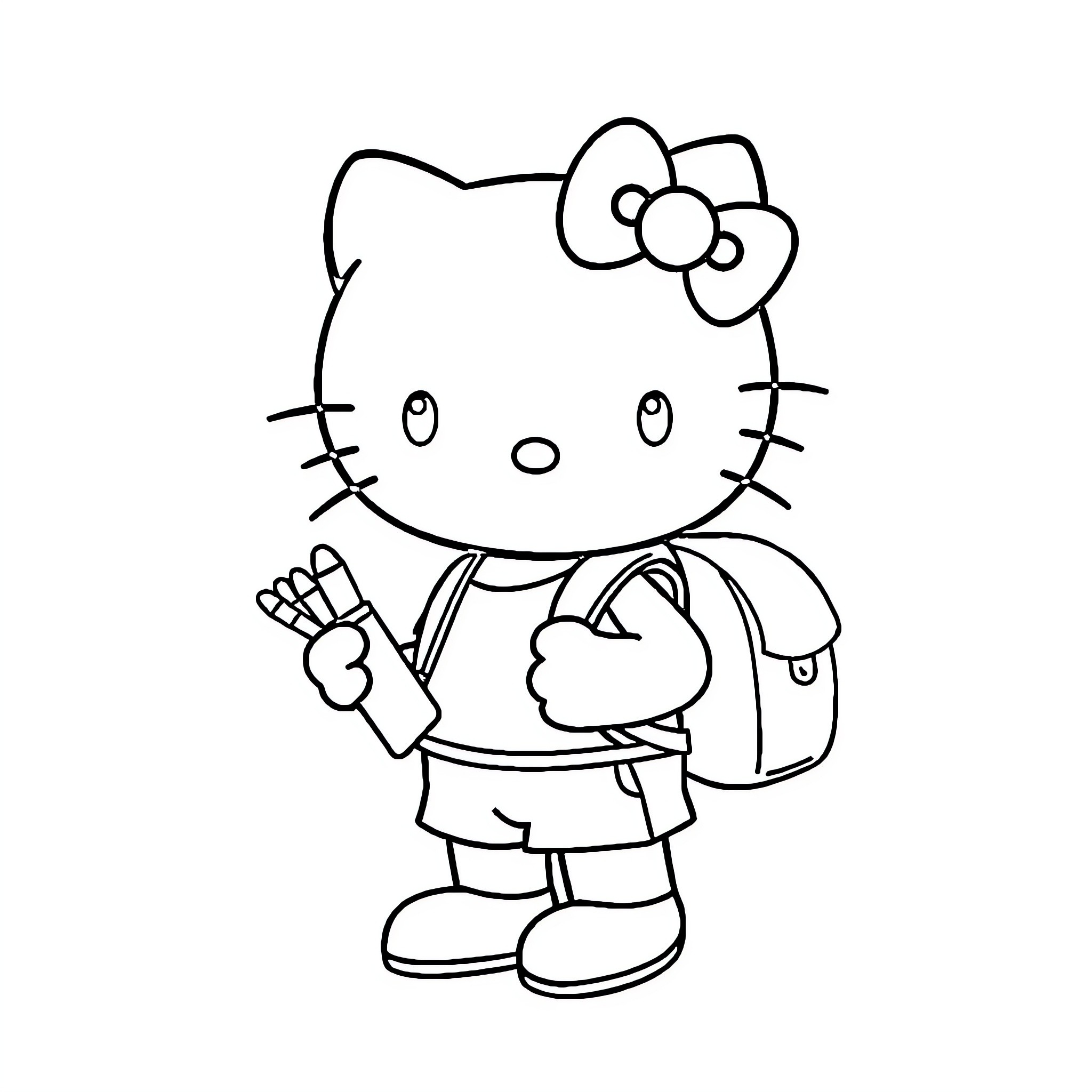 Hello Kitty going to school Coloring Page (free black-and-white line drawing printable PDF for all, from beginners to advanced learners, including children, teens, adults, and seniors)