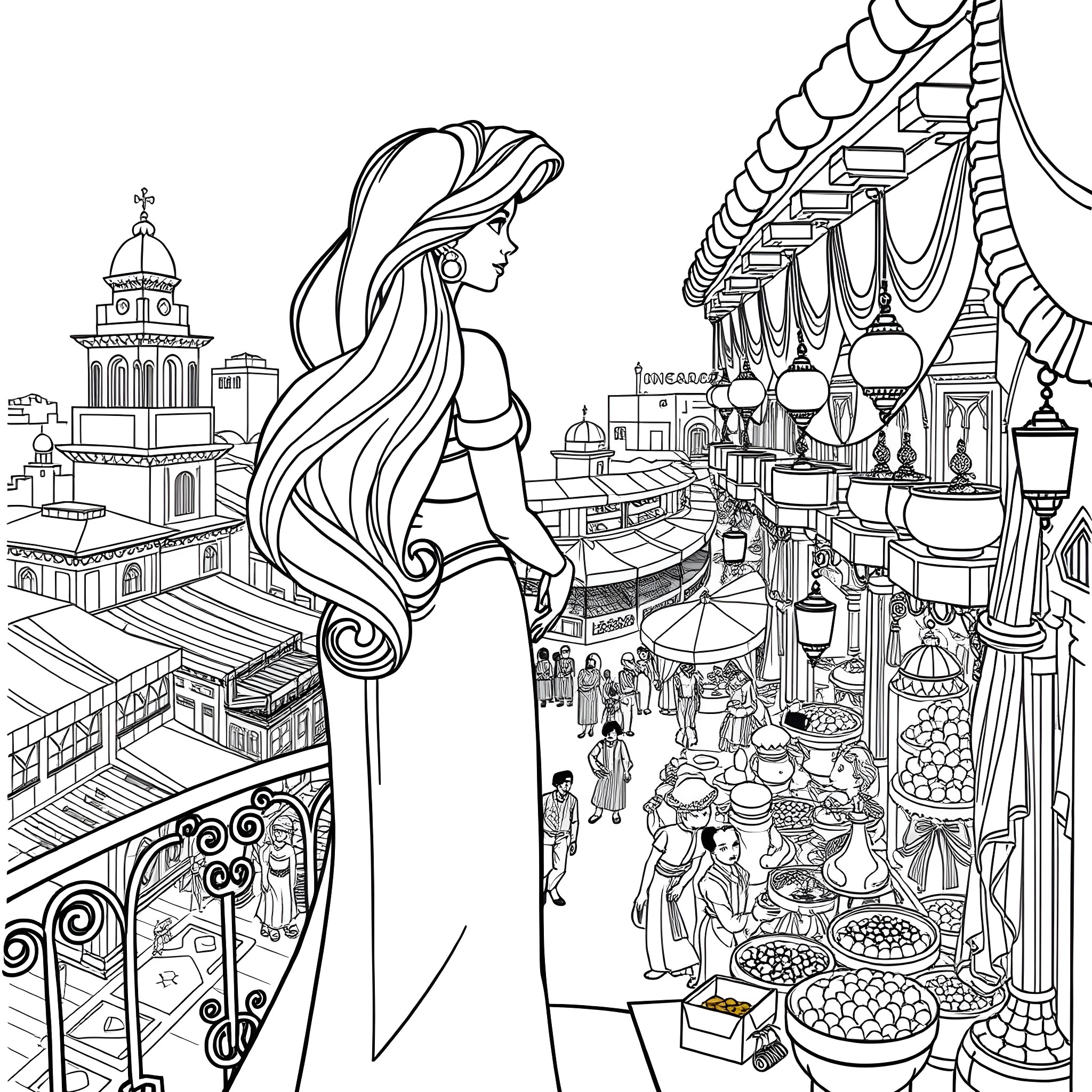 Jasmine overlooking the vibrant marketplace Coloring Page (free black-and-white line drawing printable PDF for all, from beginners to advanced learners, including children, teens, adults, and seniors)