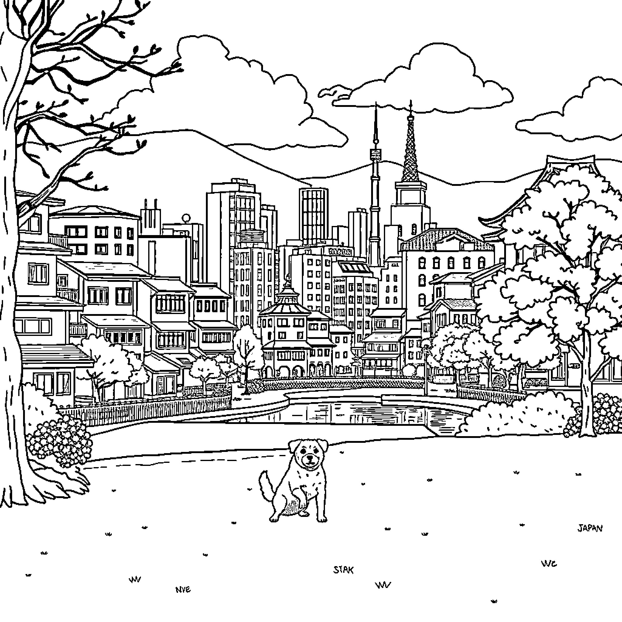 Dog exploring the bustling cityscape Coloring Page (free black-and-white line drawing printable PDF for all, from beginners to advanced learners, including children, teens, adults, and seniors)