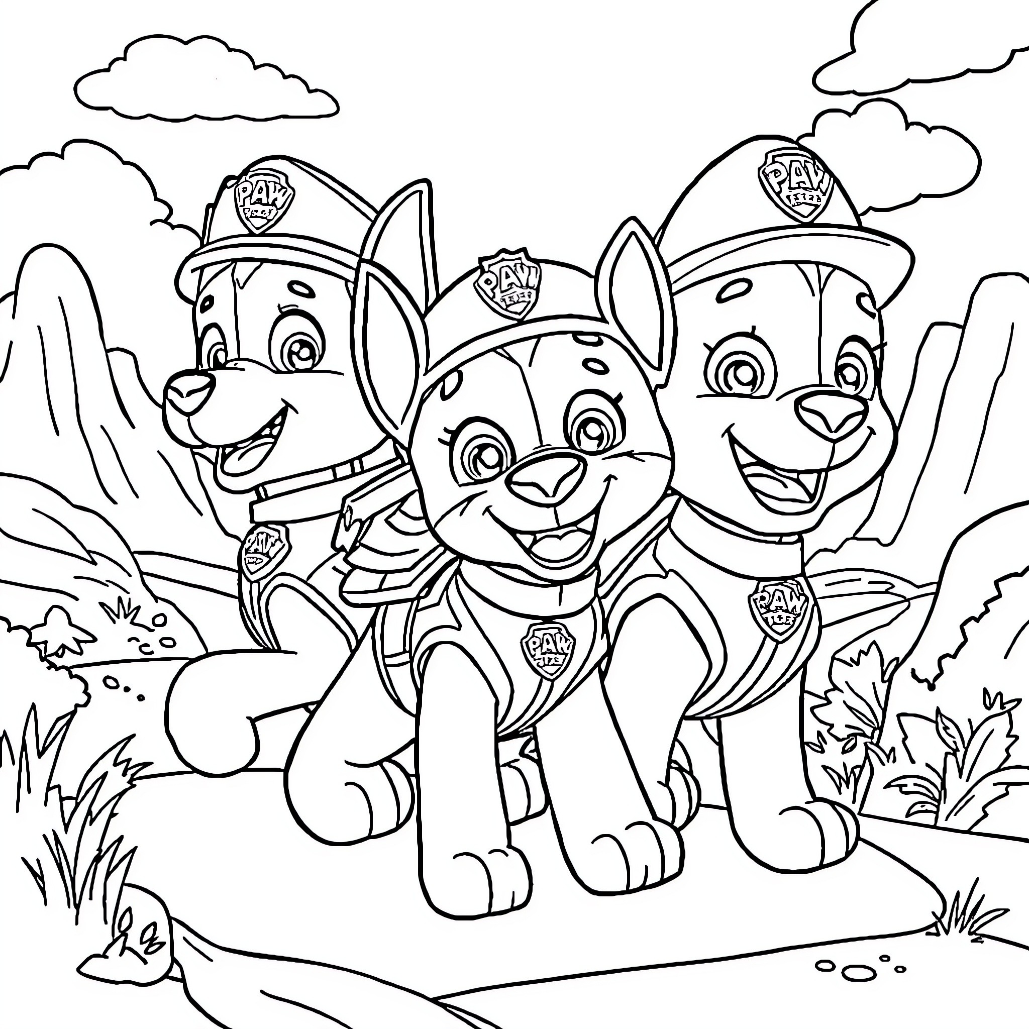 Paw Patrol pups on an adventure Coloring Page (free black-and-white line drawing printable PDF for all, from beginners to advanced learners, including children, teens, adults, and seniors)