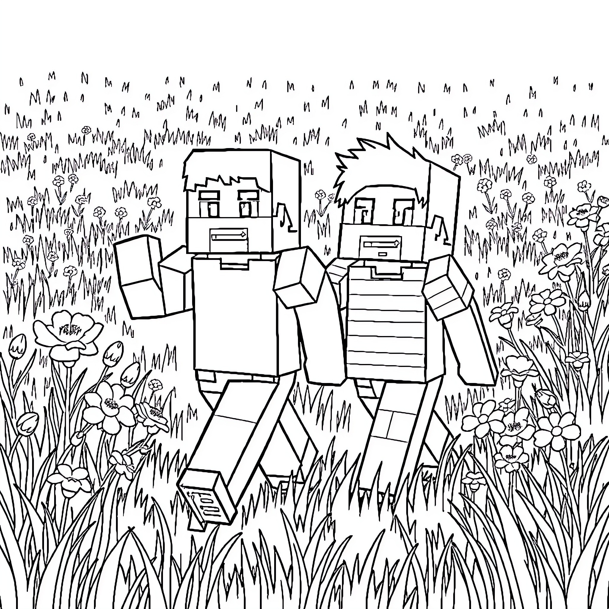 Steve and friends exploring a nature-filled adventure Coloring Page (free black-and-white line drawing printable PDF for all, from beginners to advanced learners, including children, teens, adults, and seniors)