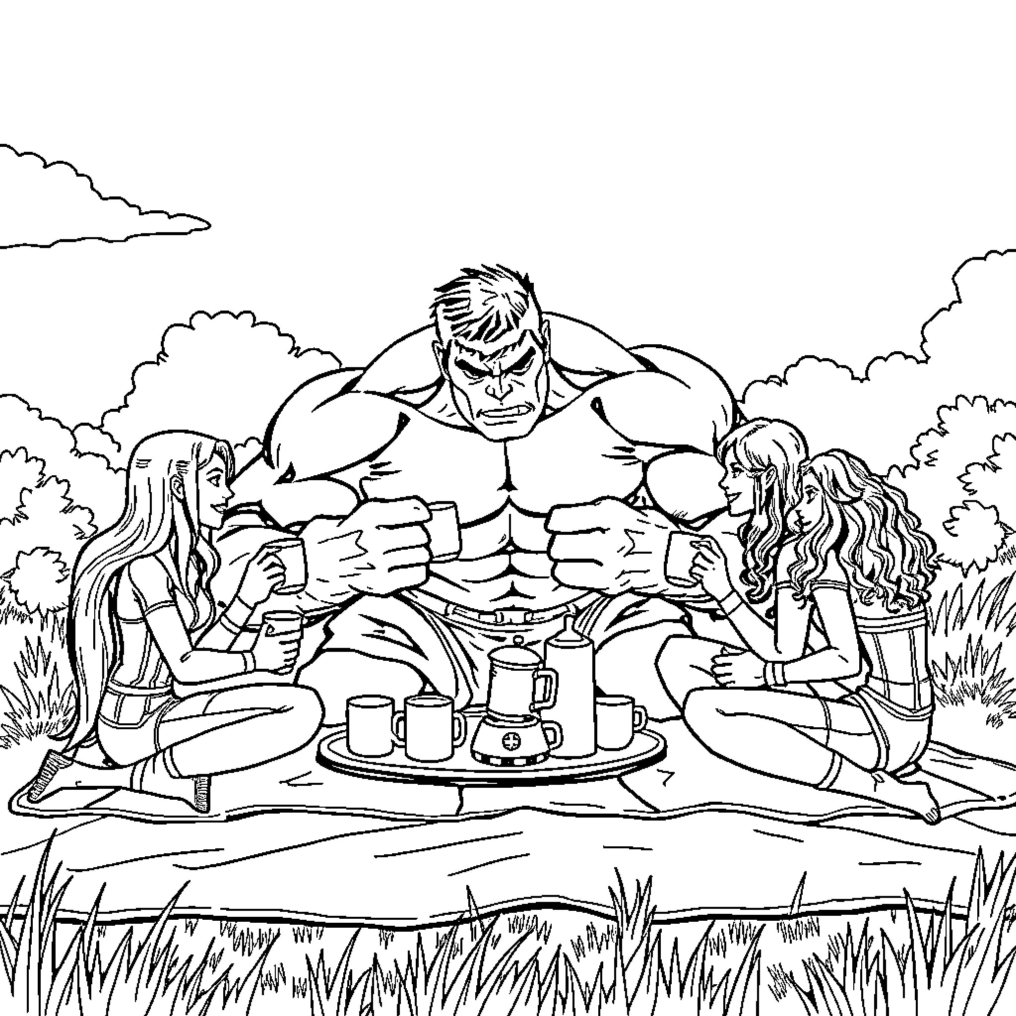Hulk enjoying a picnic with friends in nature Coloring Page (free black-and-white line drawing printable PDF for all, from beginners to advanced learners, including children, teens, adults, and seniors)