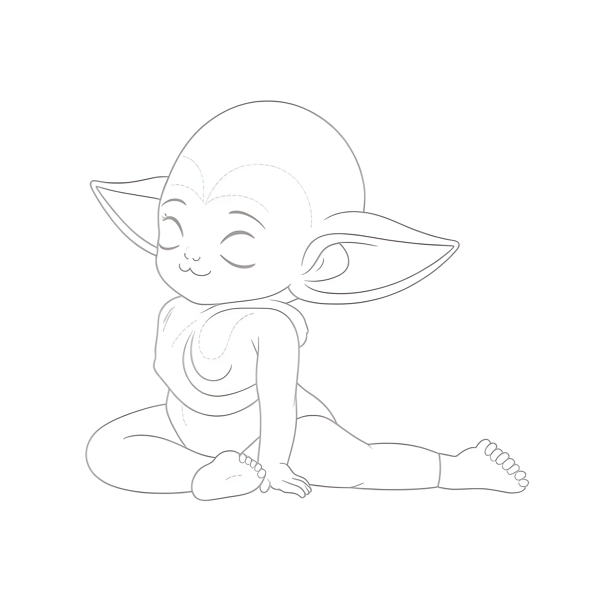 Baby Yoda sitting happily and smiling Coloring Page (free black-and-white line drawing printable PDF for all, from beginners to advanced learners, including children, teens, adults, and seniors)