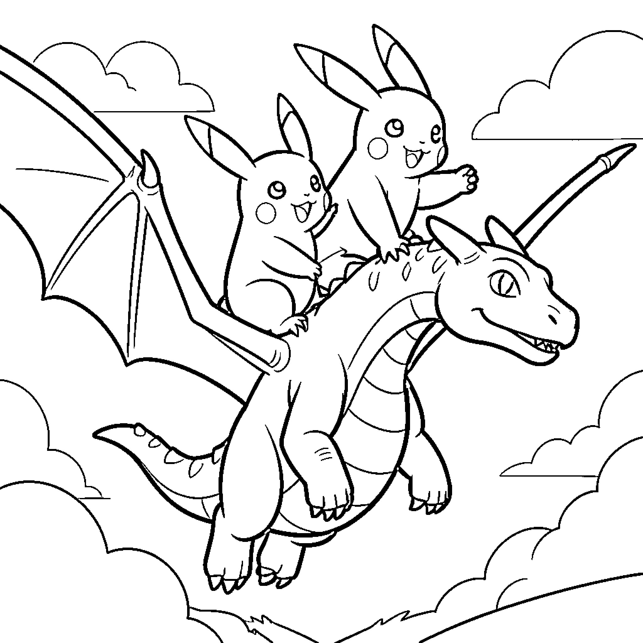 Pikachu riding a dragon in the sky Coloring Page (free black-and-white line drawing printable PDF for all, from beginners to advanced learners, including children, teens, adults, and seniors)