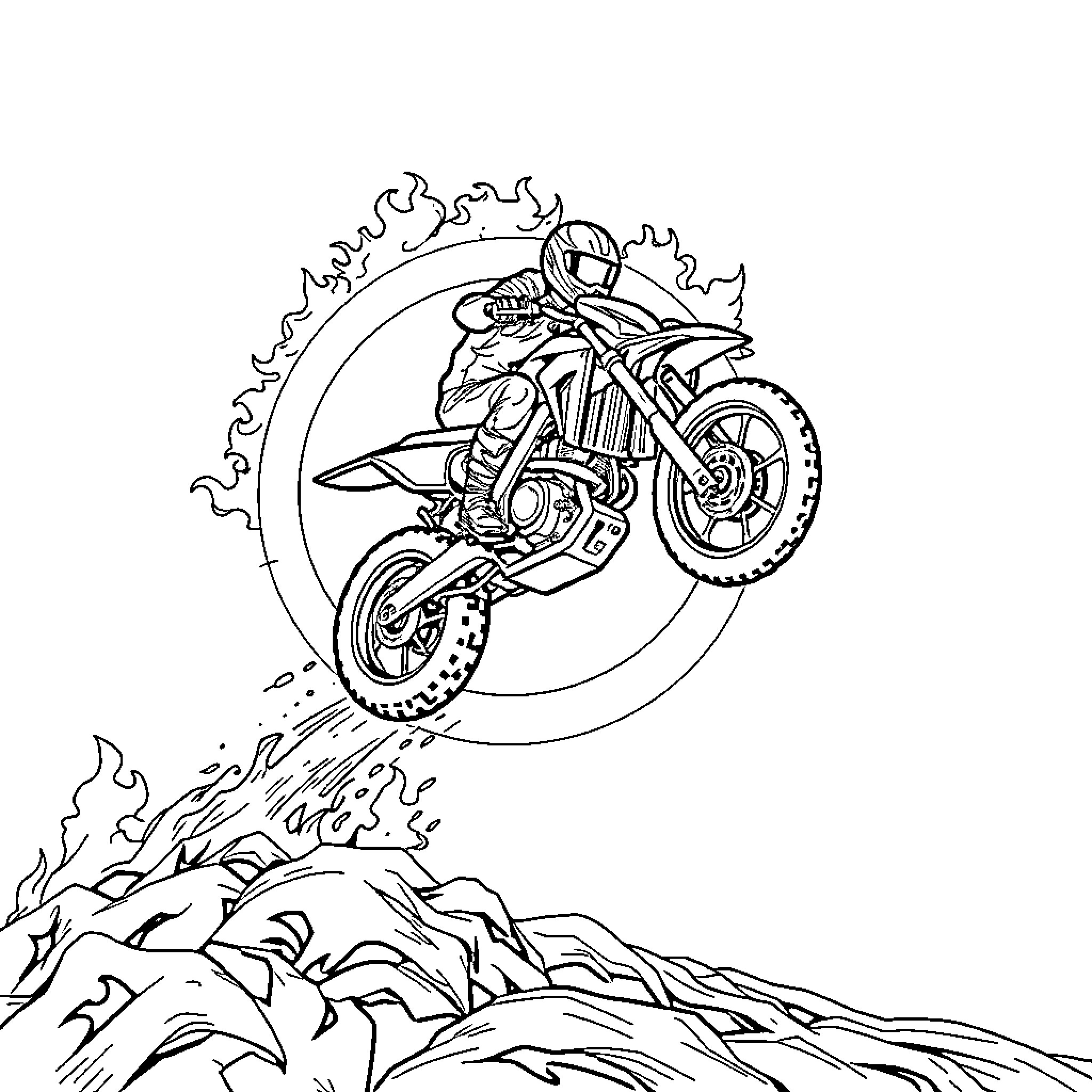 Supermoto bike in action on rocky terrain Coloring Page (free black-and-white line drawing printable PDF for all, from beginners to advanced learners, including children, teens, adults, and seniors)
