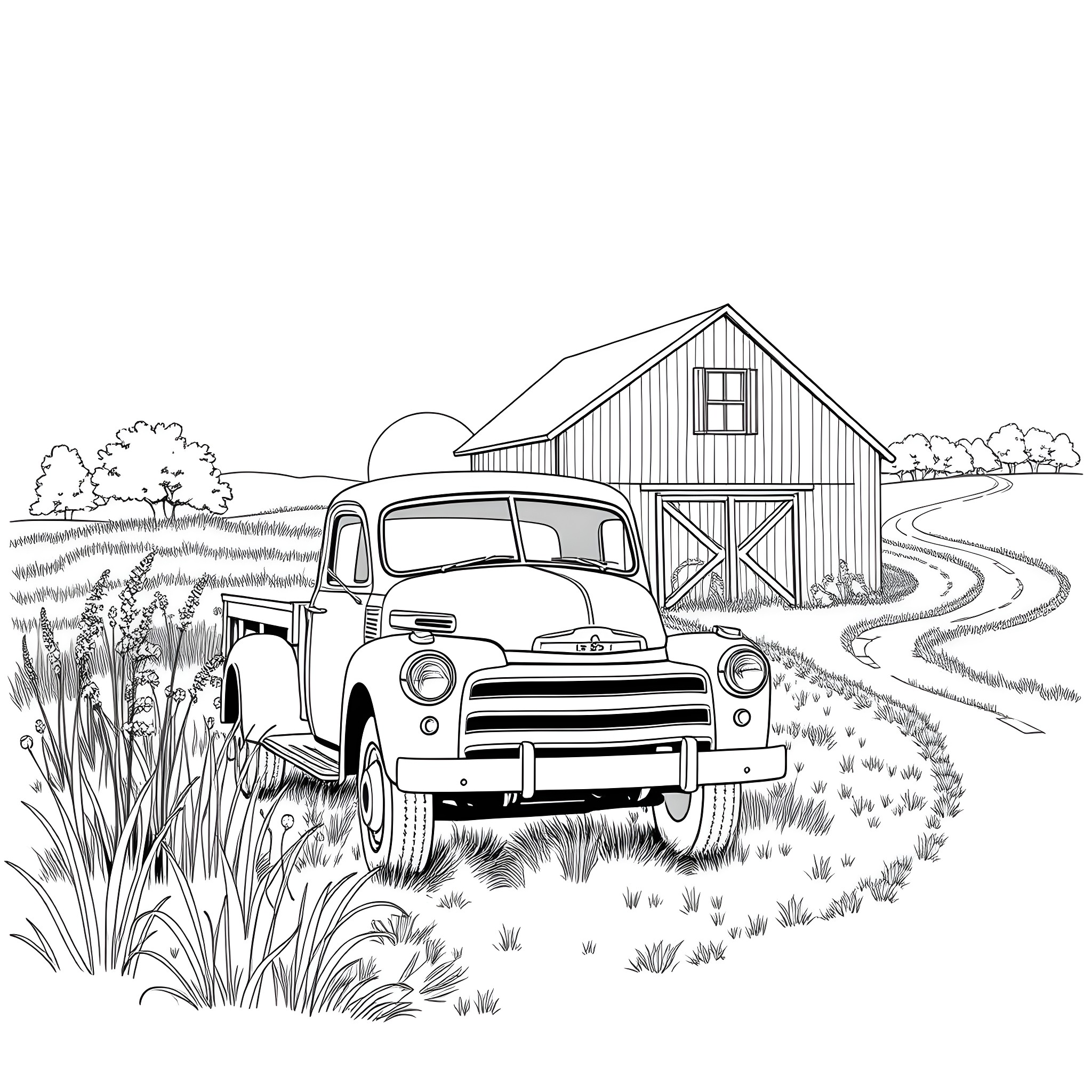 Truck in a Rural Countryside Scene Coloring Page (free black-and-white line drawing printable PDF for all, from beginners to advanced learners, including children, teens, adults, and seniors)