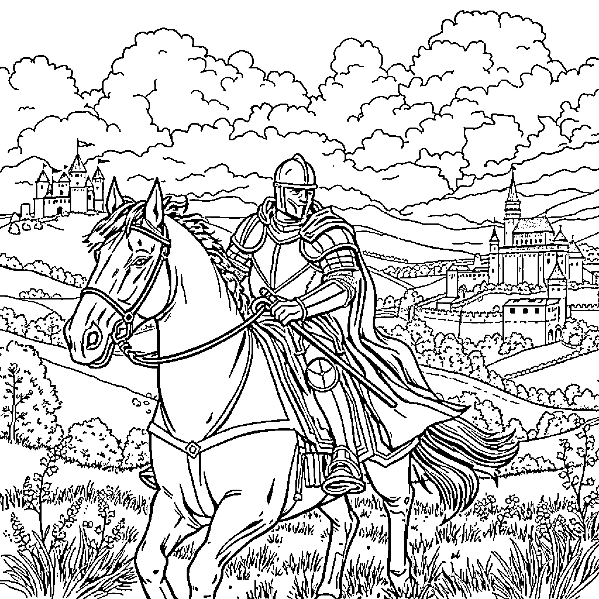 Knight on Horseback Journeying Through Countryside Coloring Page (free black-and-white line drawing printable PDF for all, from beginners to advanced learners, including children, teens, adults, and seniors)