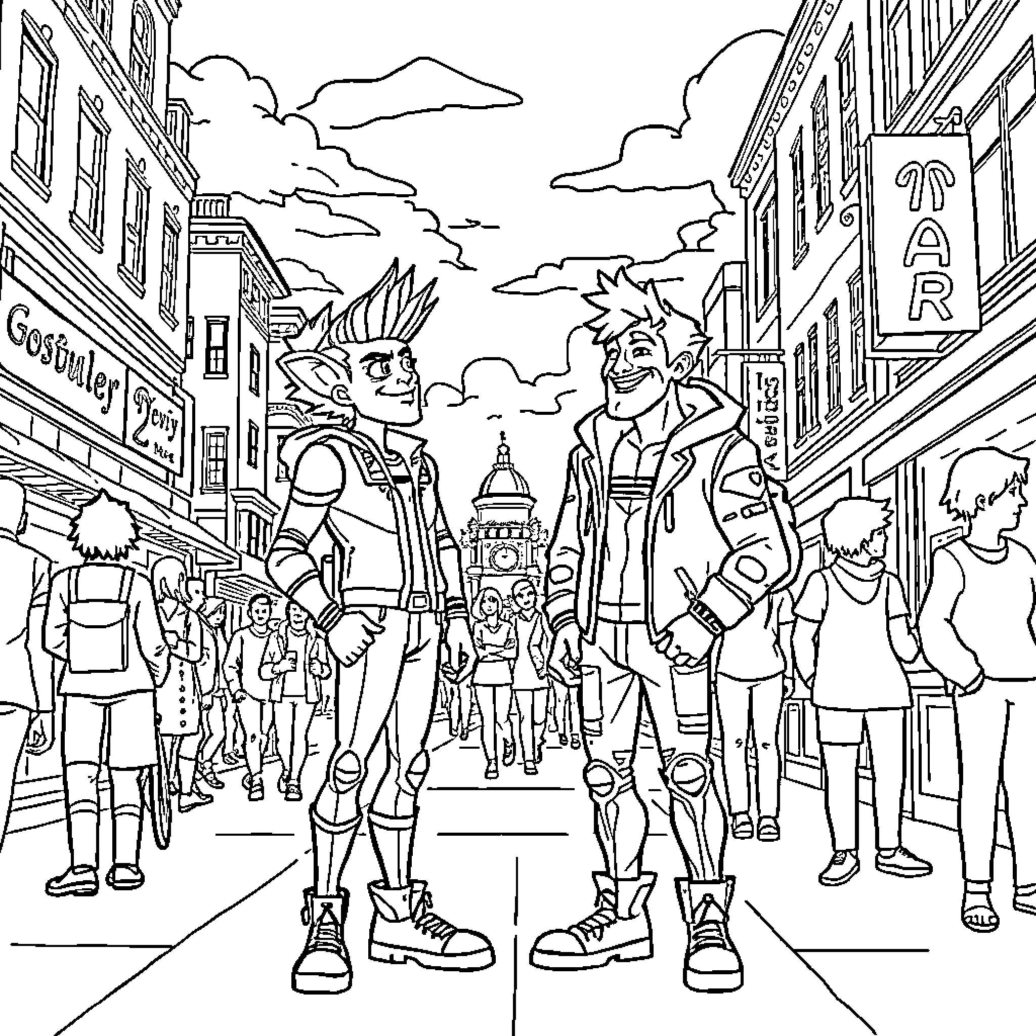 Jubia Lockster chatting with a friend on a busy street Coloring Page (free black-and-white line drawing printable PDF for all, from beginners to advanced learners, including children, teens, adults, and seniors)