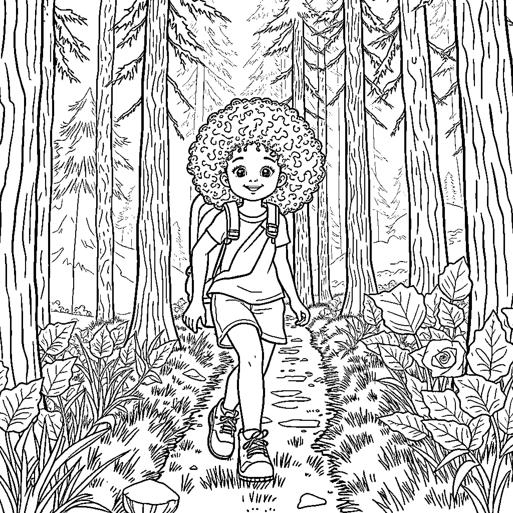 Girl exploring the enchanted forest Coloring Page (free black-and-white line drawing printable PDF for all, from beginners to advanced learners, including children, teens, adults, and seniors)