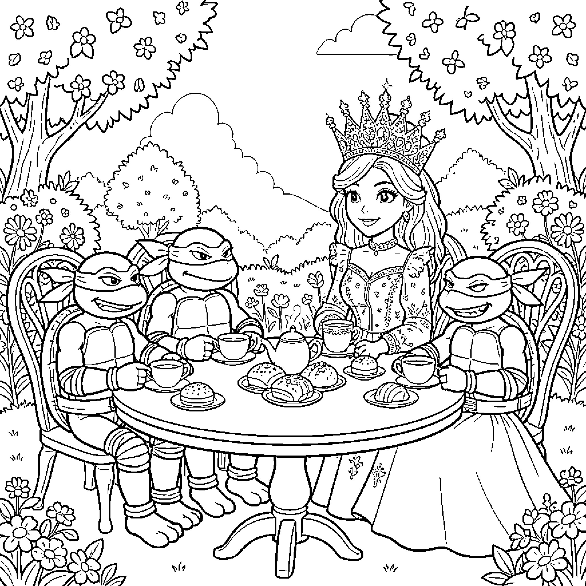 Ninja Turtle friends having a tea party with a princess Coloring Page (free black-and-white line drawing printable PDF for all, from beginners to advanced learners, including children, teens, adults, and seniors)