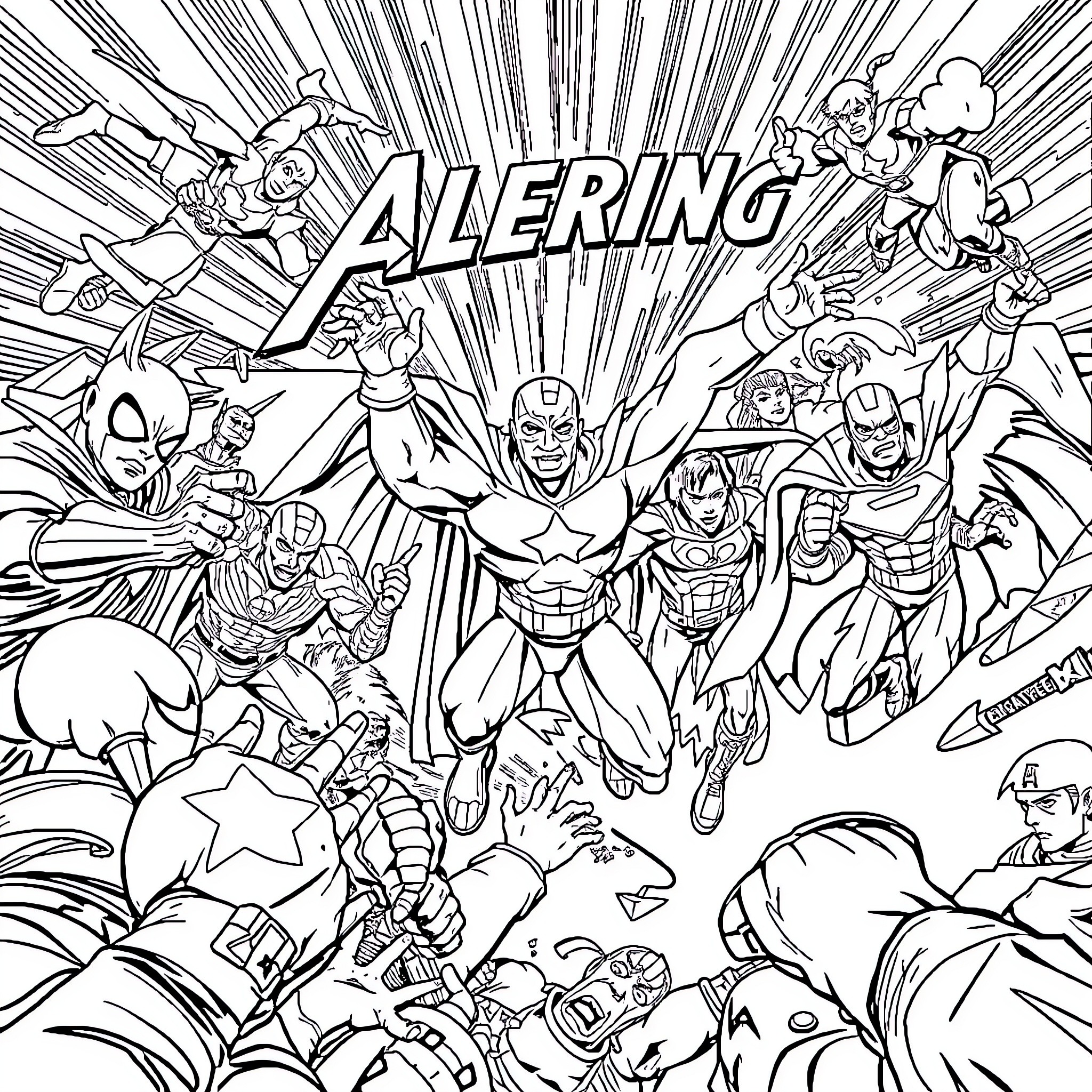Marvel Characters Engaged in Action and Adventure Coloring Page (free black-and-white line drawing printable PDF for all, from beginners to advanced learners, including children, teens, adults, and seniors)