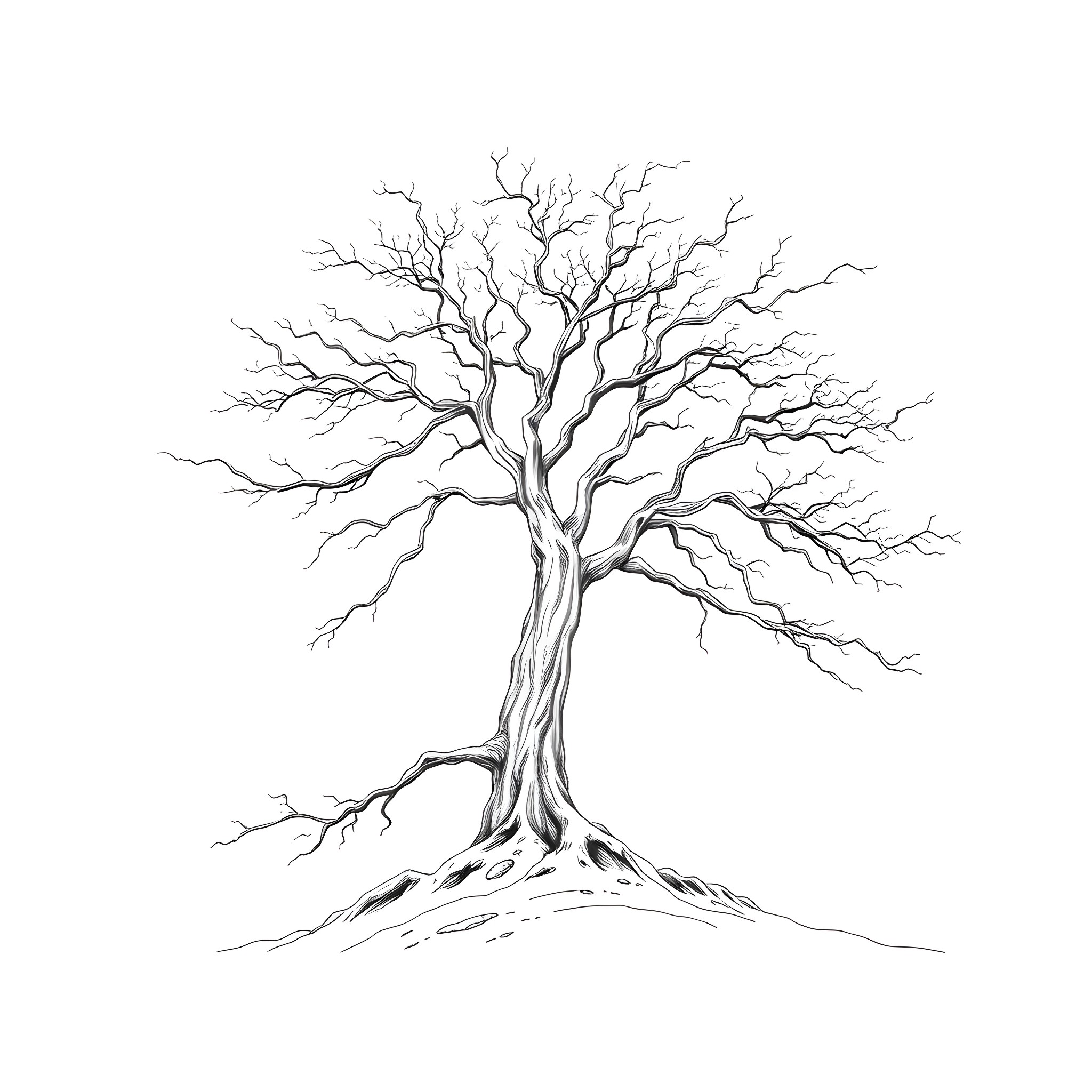 Tree with Twisted Bare Branches Coloring Page (free black-and-white line drawing printable PDF for all, from beginners to advanced learners, including children, teens, adults, and seniors)