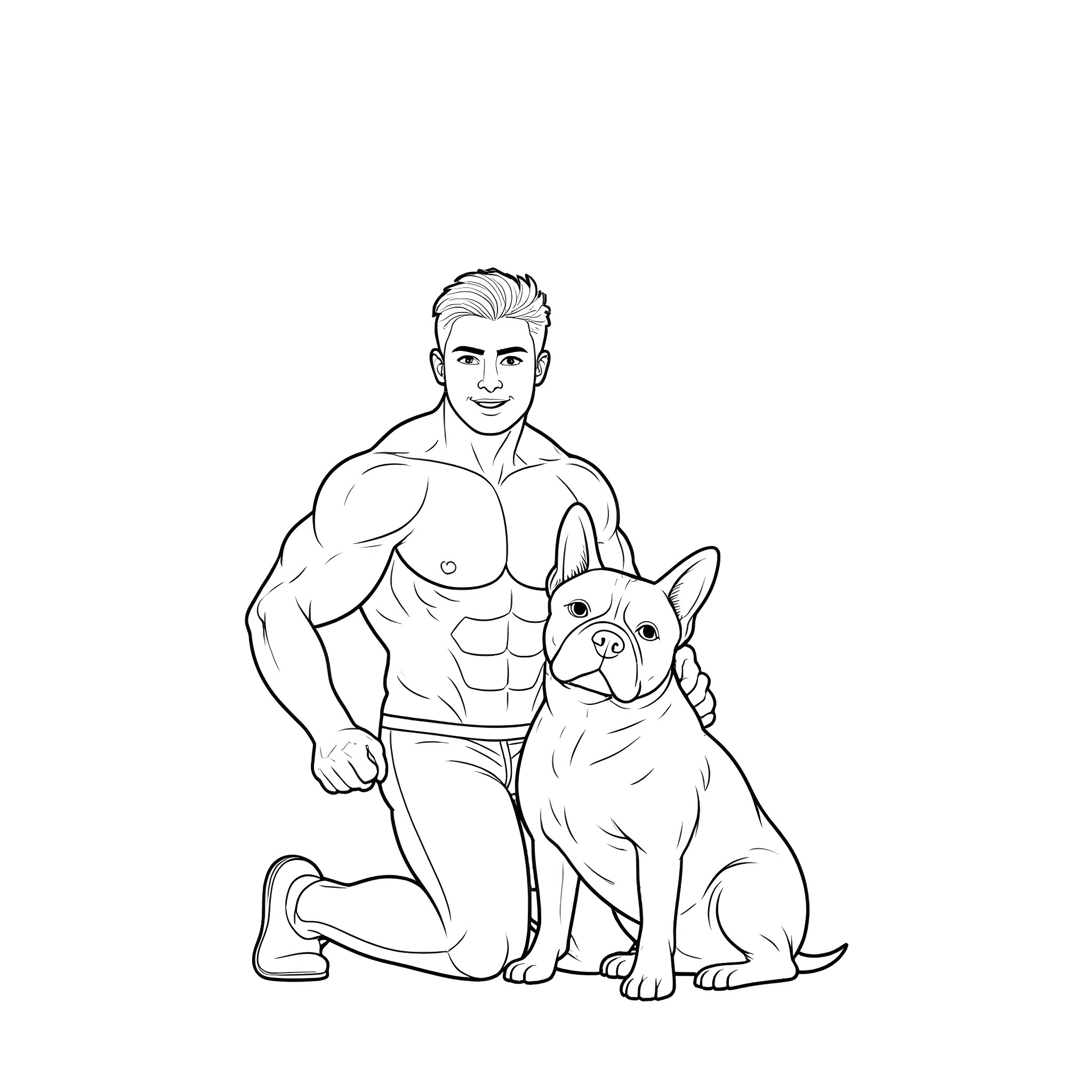 French Bulldog posing with muscular man Coloring Page (free black-and-white line drawing printable PDF for all, from beginners to advanced learners, including children, teens, adults, and seniors)