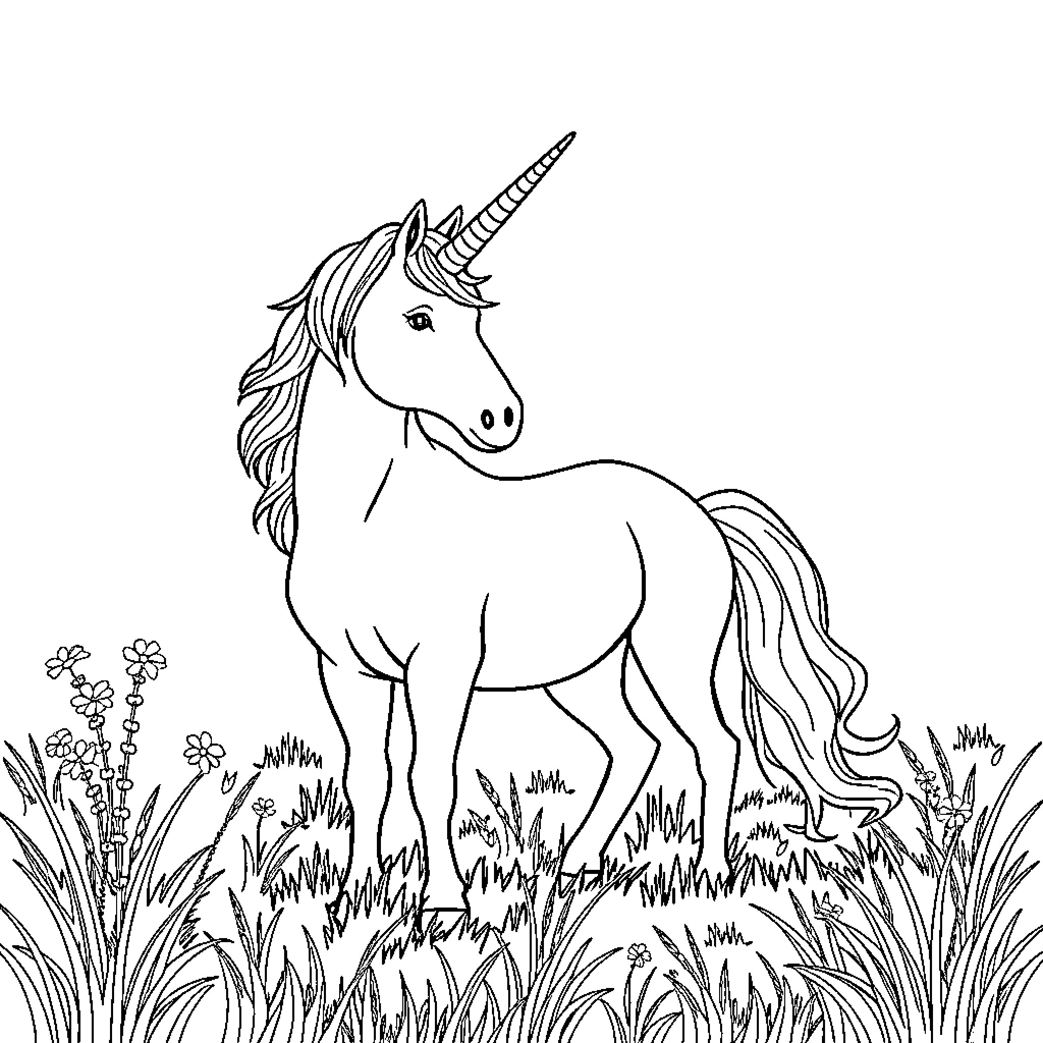 Unicorn grazing in a lush meadow Coloring Page (free black-and-white line drawing printable PDF for all, from beginners to advanced learners, including children, teens, adults, and seniors)