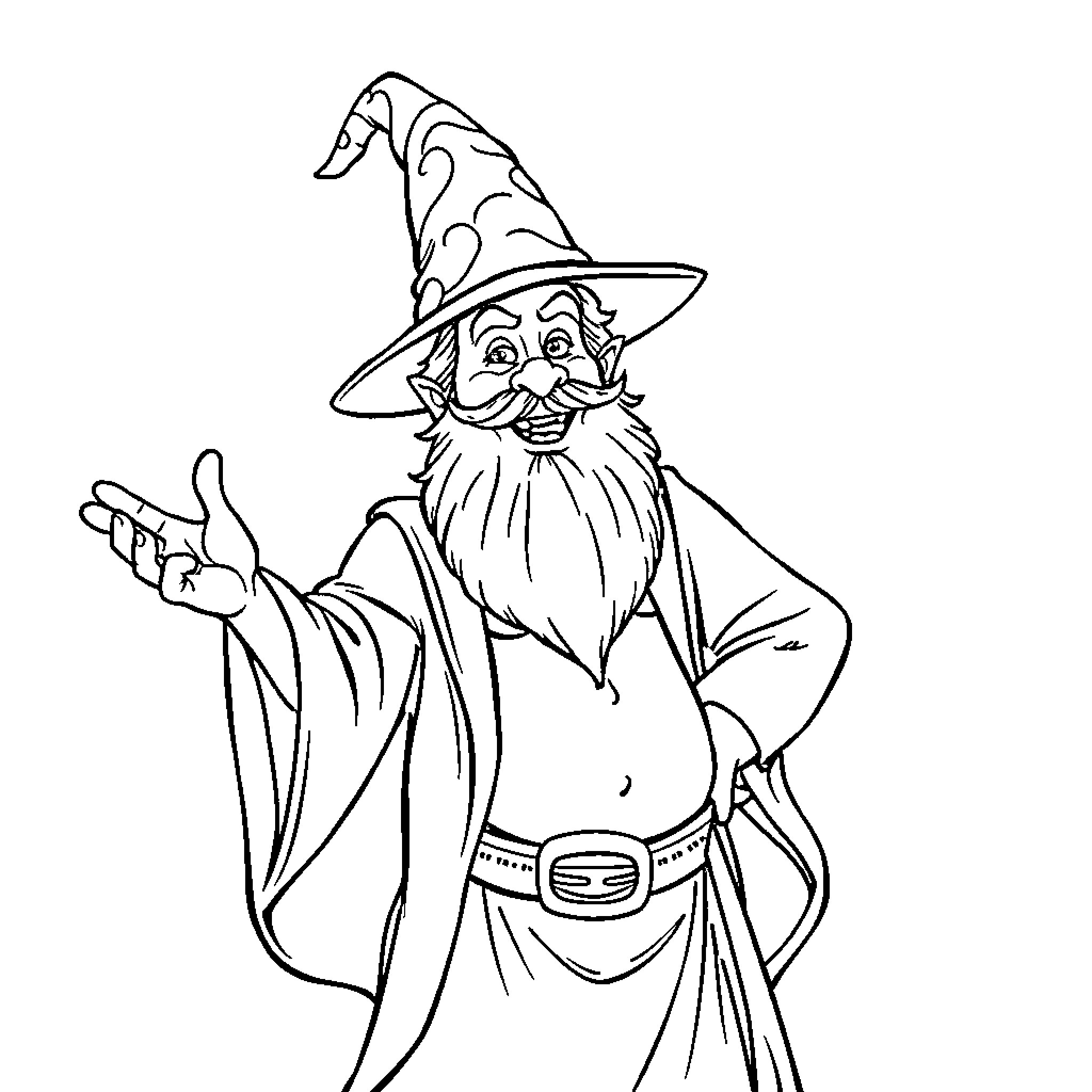 Wizard with a Whimsical Grin and Flowing Robe Coloring Page (free black-and-white line drawing printable PDF for all, from beginners to advanced learners, including children, teens, adults, and seniors)