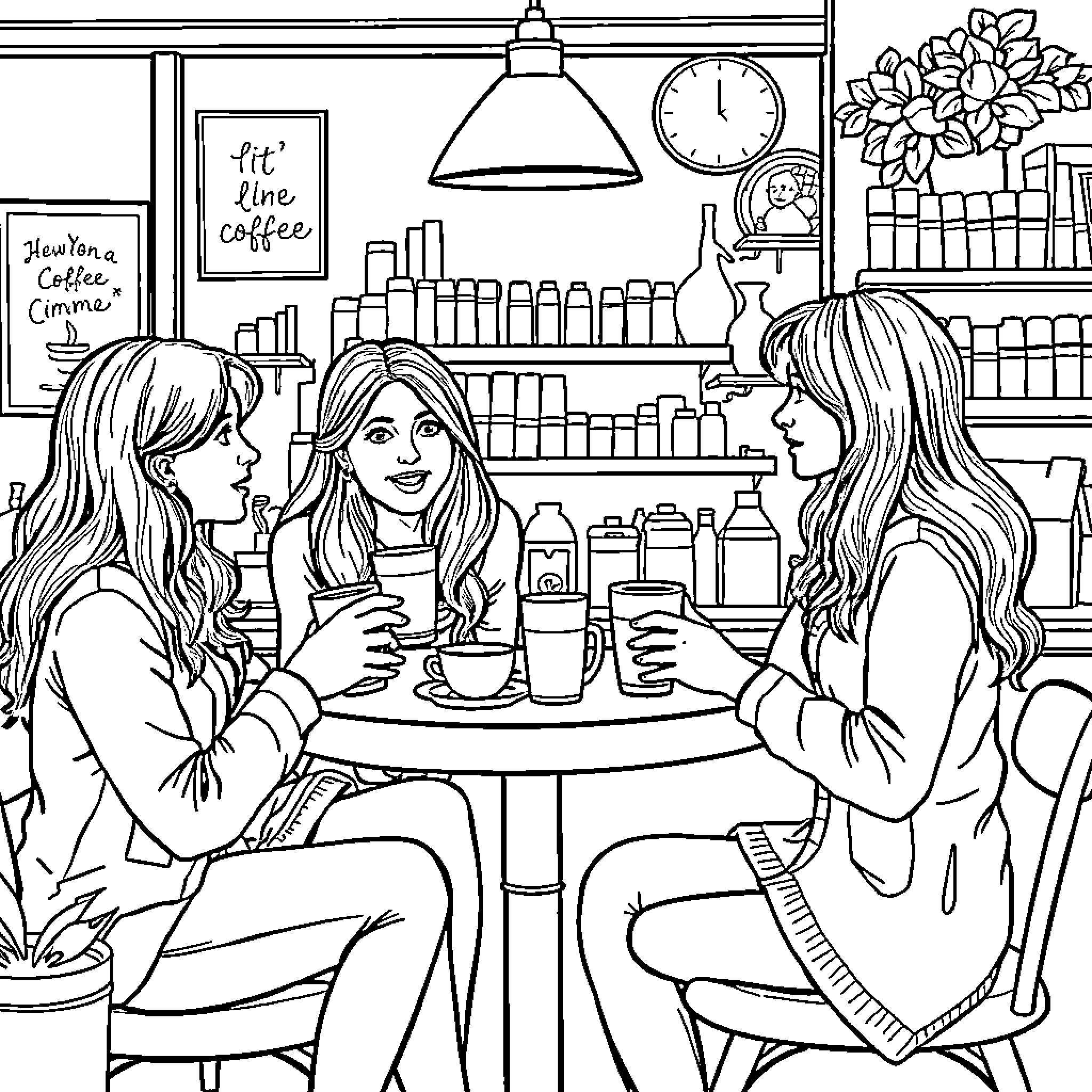 Gilmore Girls Chatting Over Coffee in Cozy Cafe Coloring Page (free black-and-white line drawing printable PDF for all, from beginners to advanced learners, including children, teens, adults, and seniors)