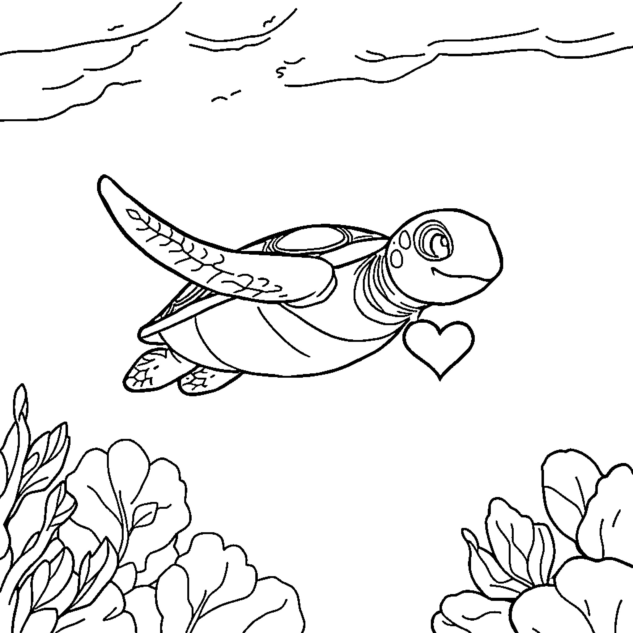 Sea Turtle swimming near colorful underwater plants Coloring Page (free black-and-white line drawing printable PDF for all, from beginners to advanced learners, including children, teens, adults, and seniors)